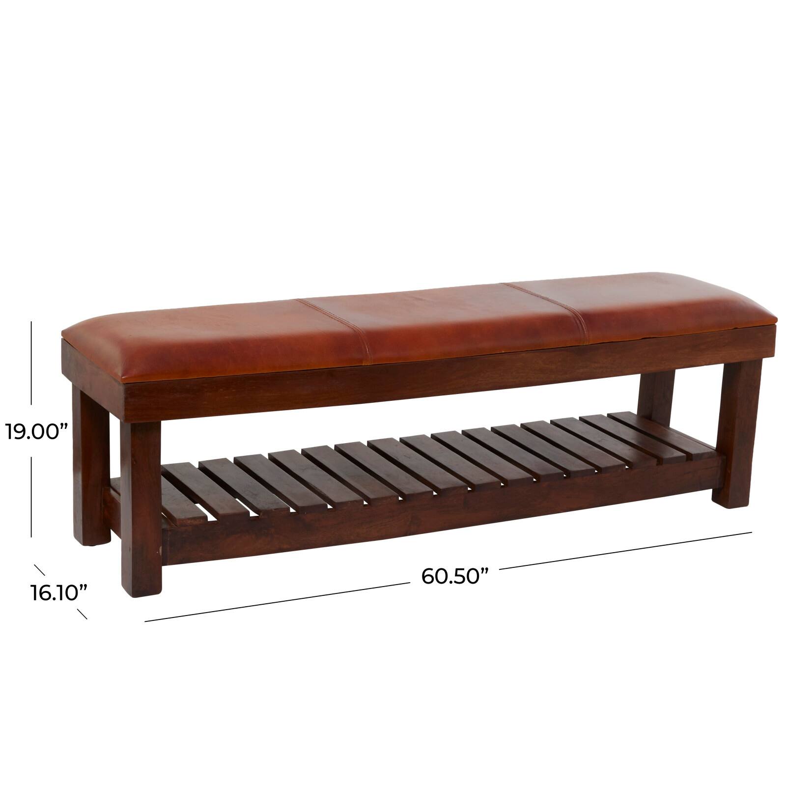 61" Brown Leather Bench with Slatted Lower Shelf