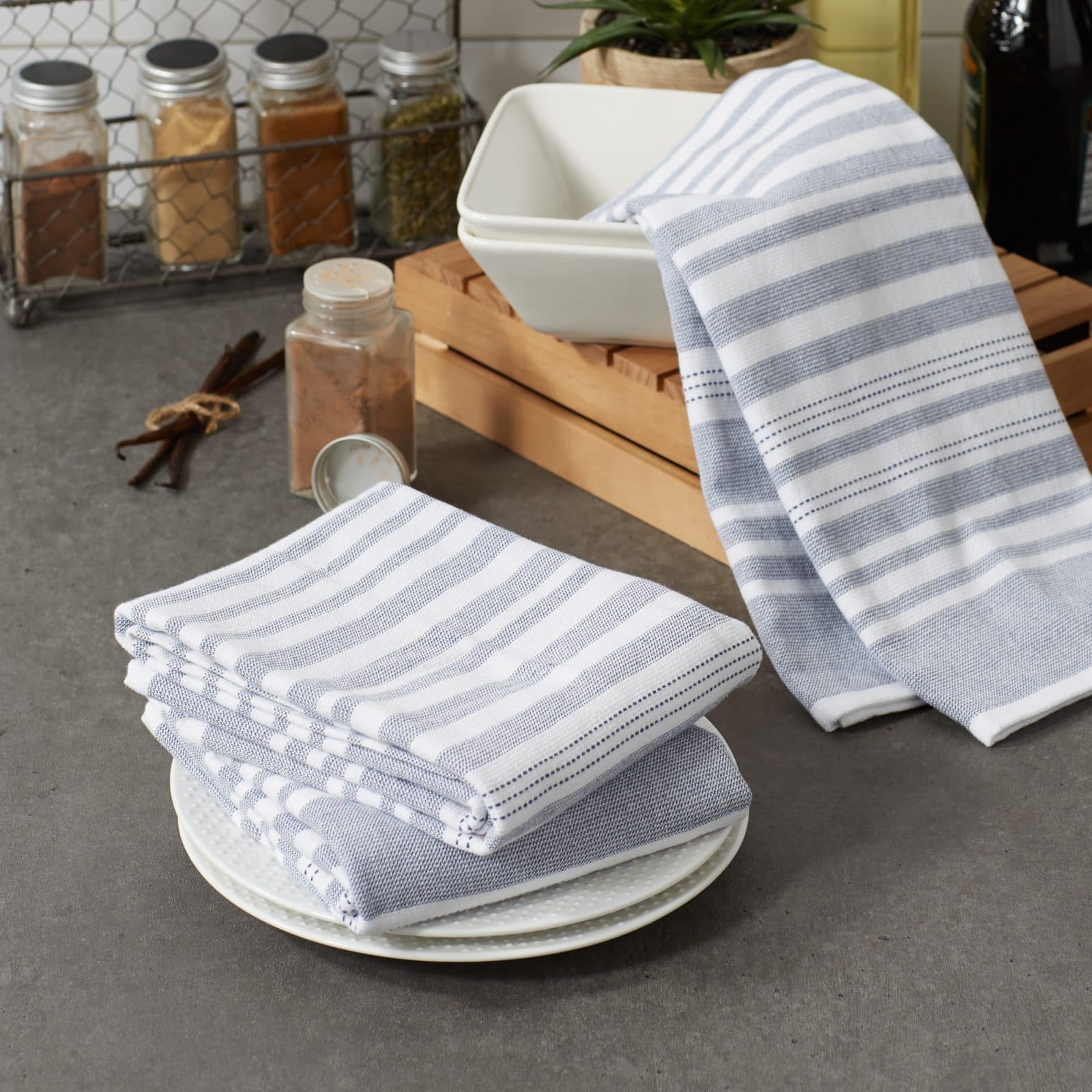 DII® French Blue Variegated Stripe Terry Dishtowels, 3ct.
