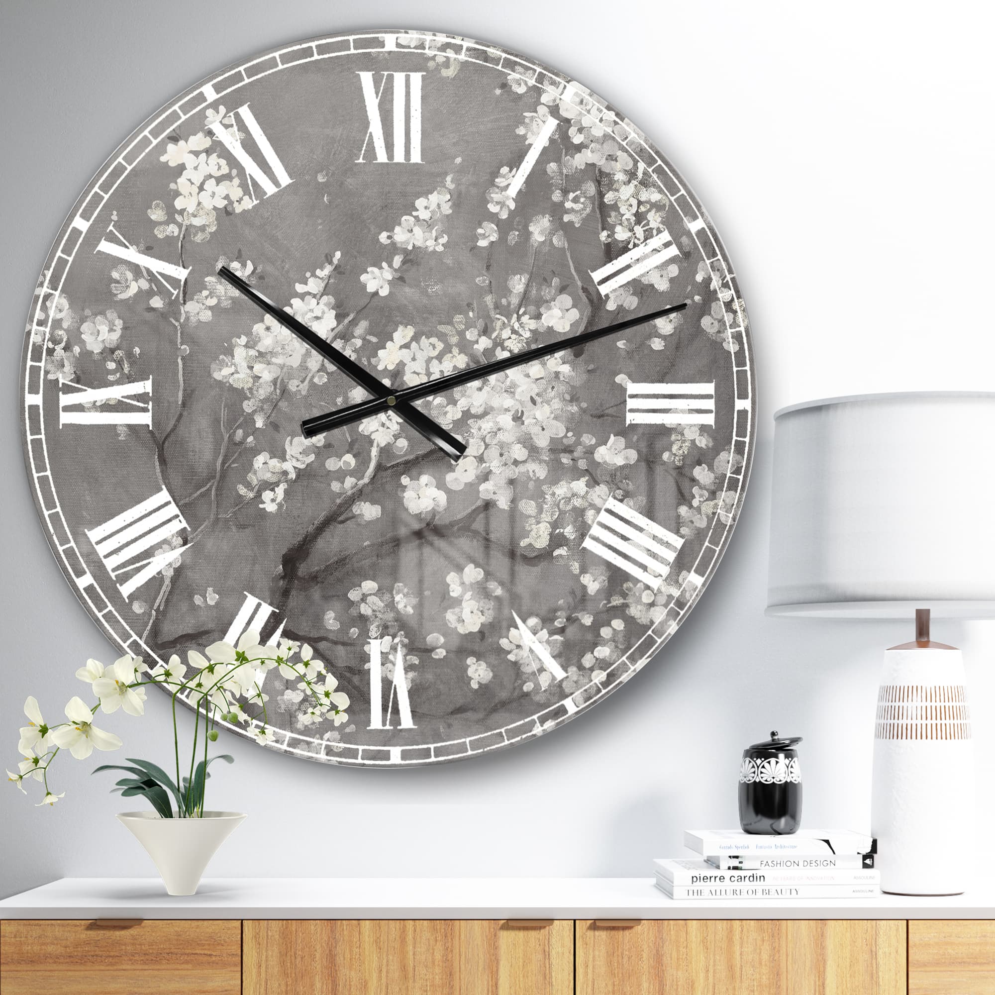 Designart 'White Cherry Blossoms I Traditional Wall Clock