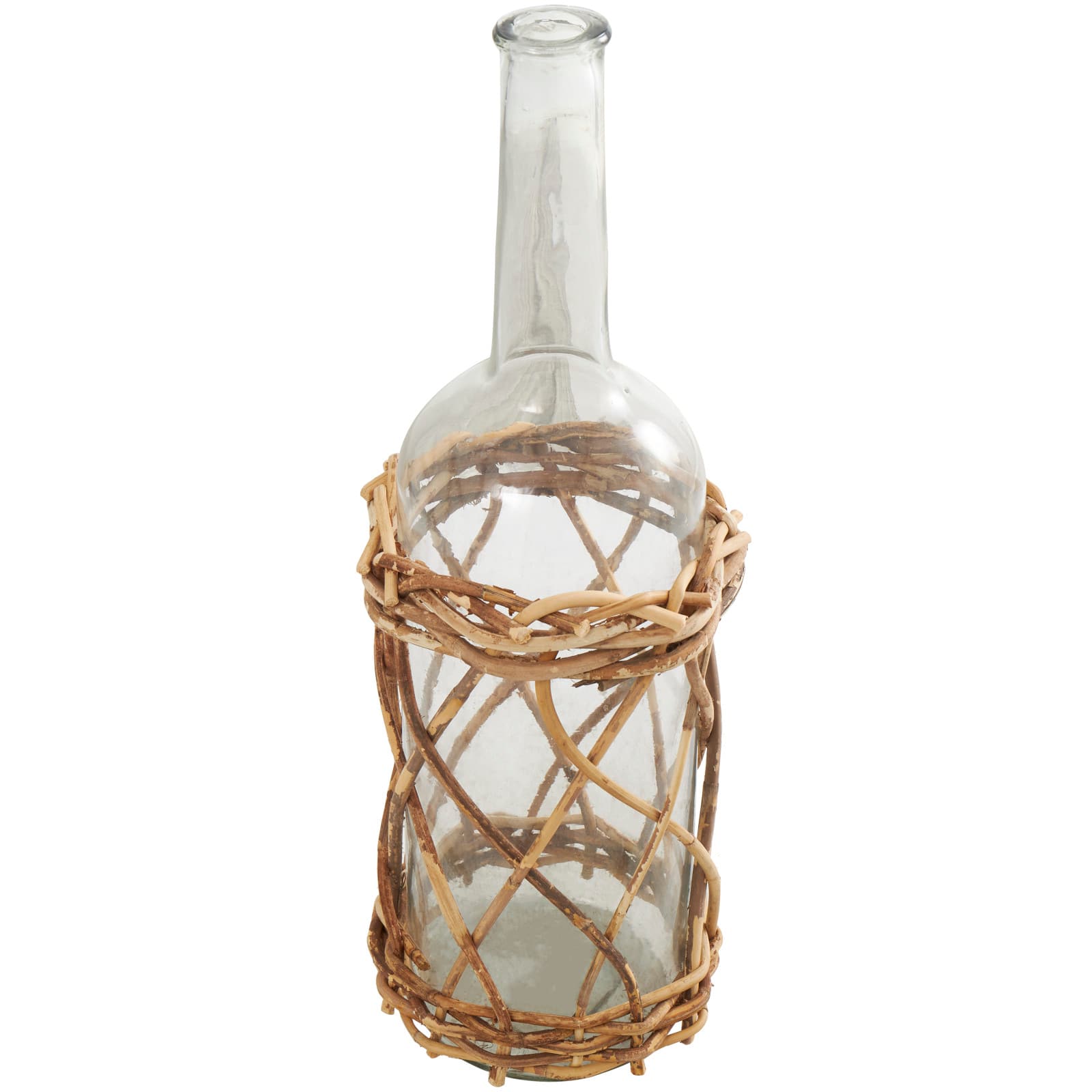 23" Clear Glass Handmade Tall Vase with Brown Rattan Woven Lower Body