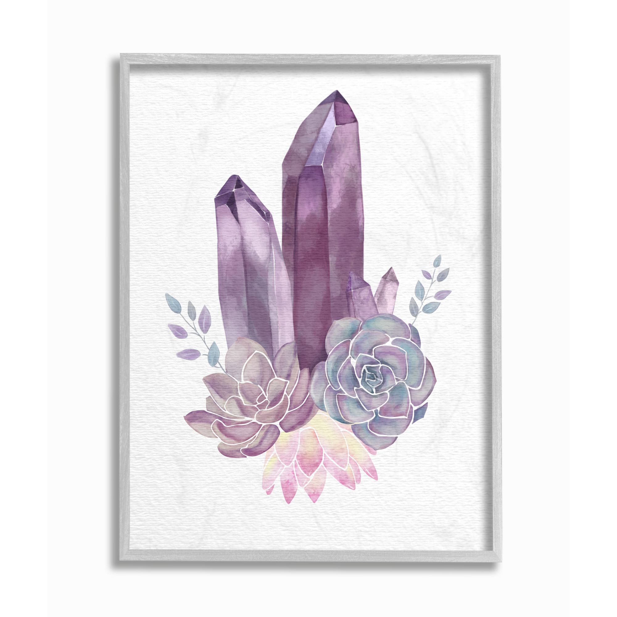 Stupell Industries Succulent Crystal Flower Purple Blue Watercolor Painting in Gray Frame Wall Art