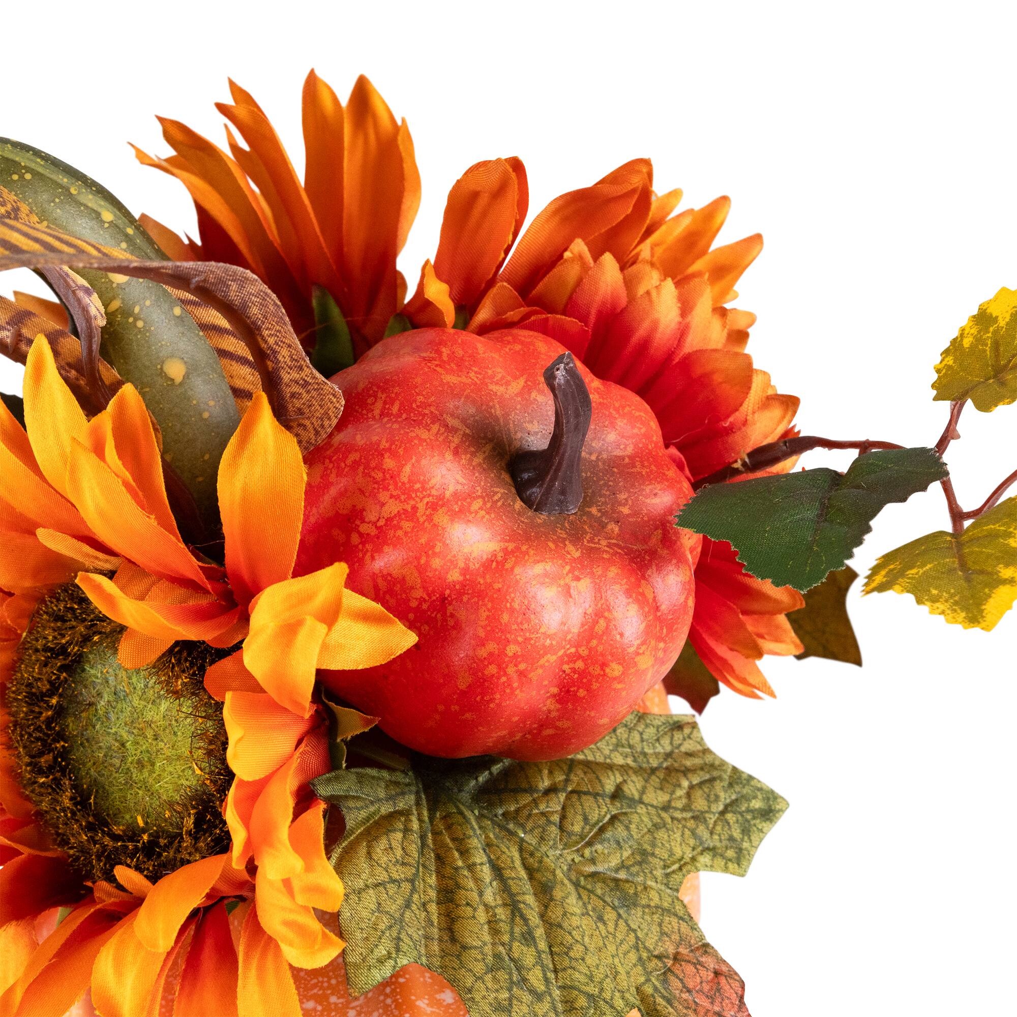 10" Autumn Harvest Pumpkin with Sunflowers, Mums & Pine Cones Décor