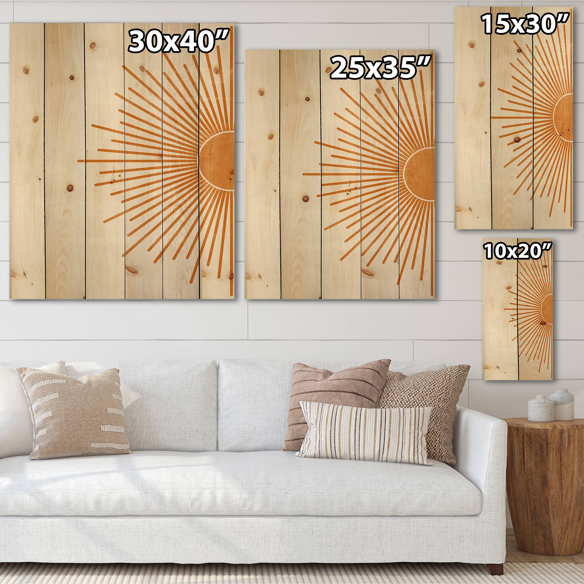 Designart - Orange Sun Print I - Modern Print on Natural Pine Wood