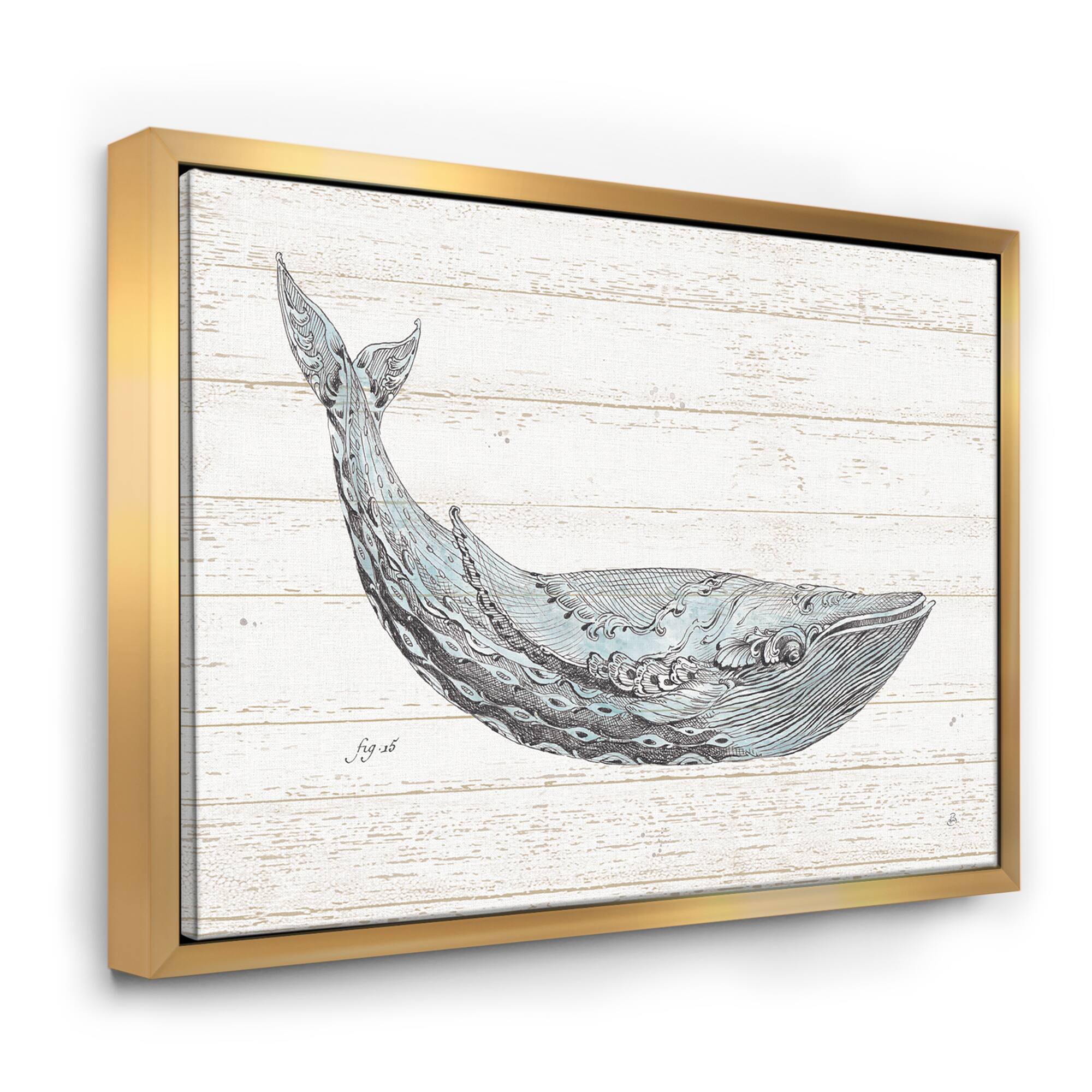 Designart - Blue Whale Handpainted Watercolor - Nautical & Coastal Canvas in Gold Frame