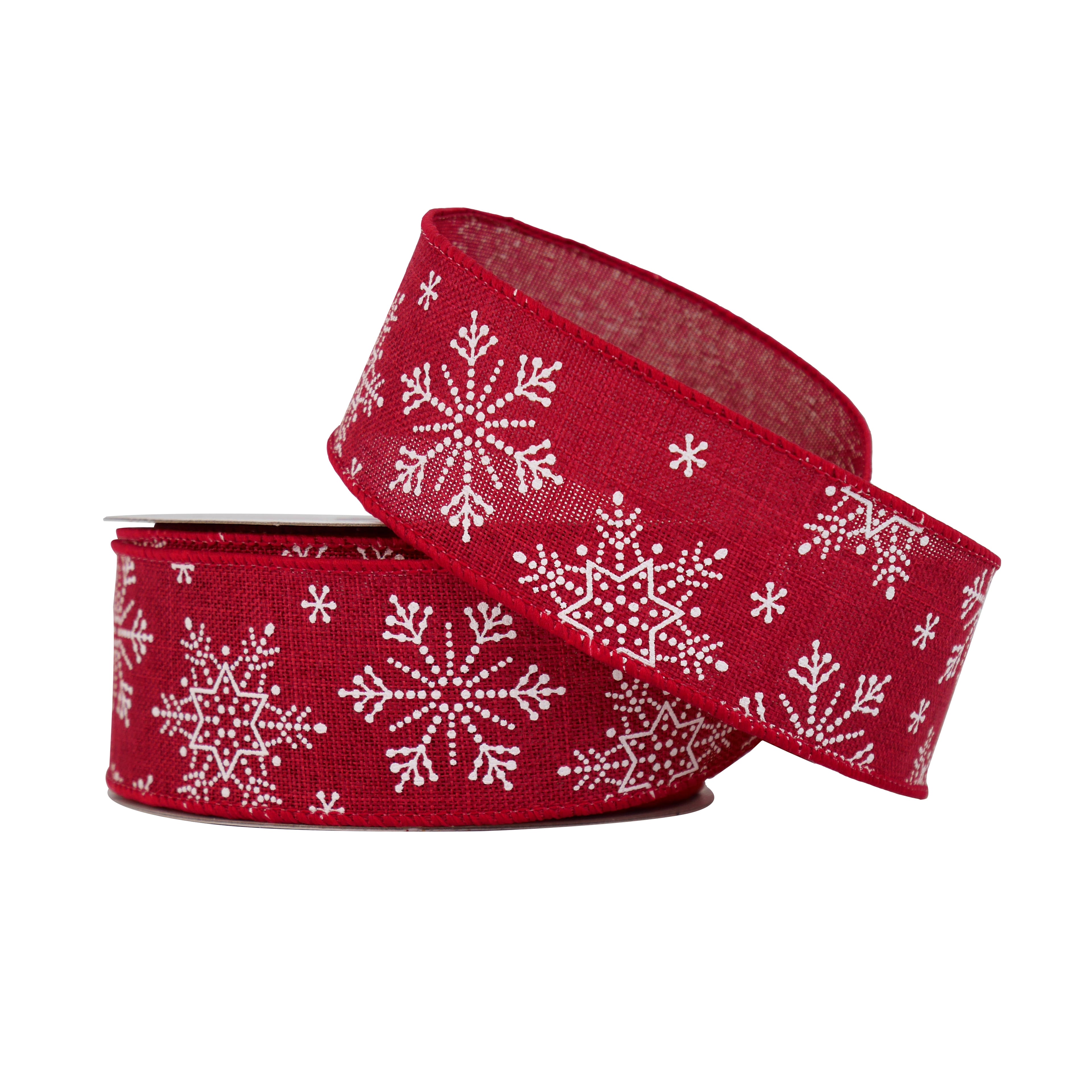 1.5&#x22; x 30ft. Red &#x26; White Snowflake Faux Linen Wired Ribbon by Celebrate It&#x2122; Christmas