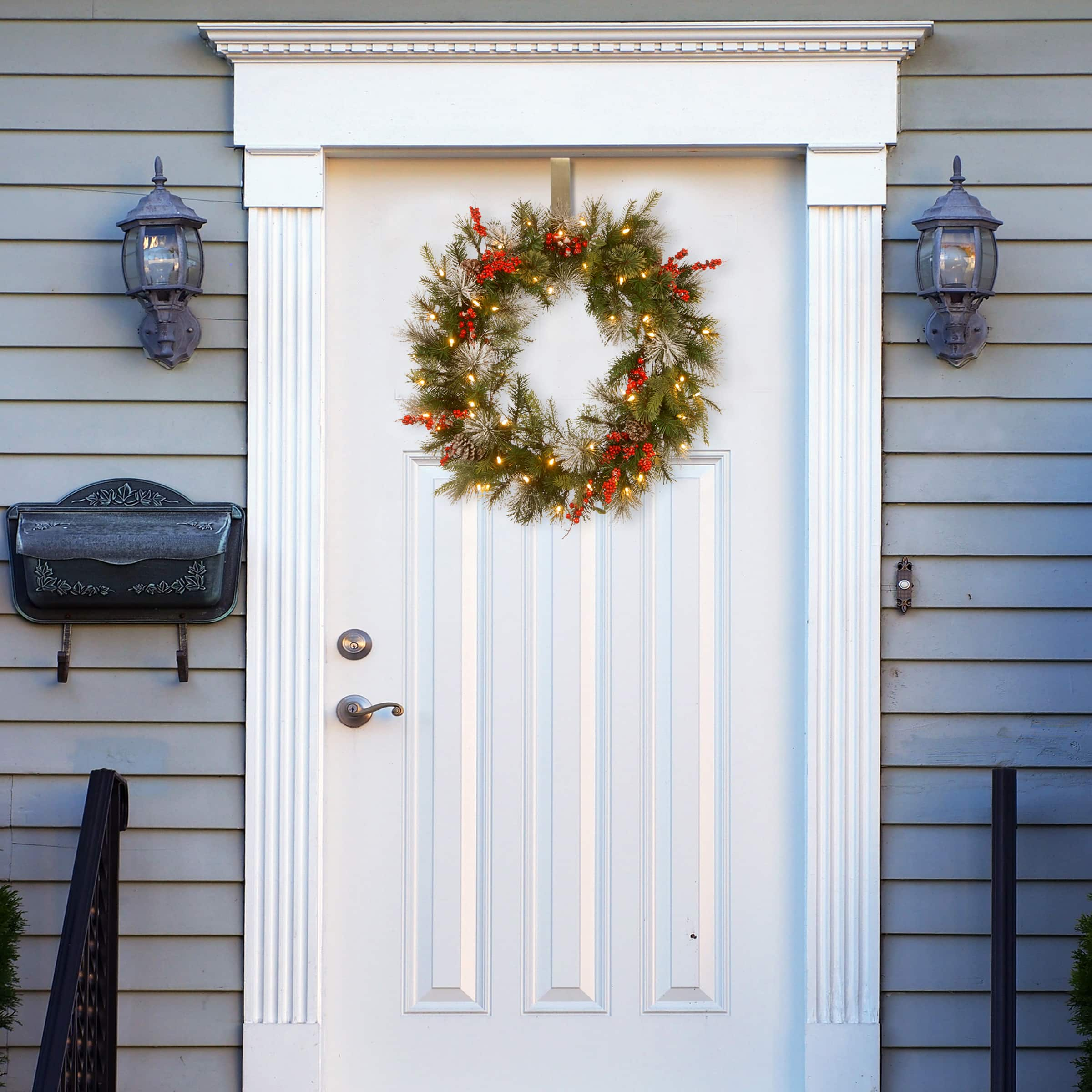 30&#x22; Feel Real&#xAE; Wintry Berry Collection Wreaths with Big Pine Cones, Red Berries &#x26; Snowy Bristle with 50ct. Warm White Battery Operated LED Lights with Timer