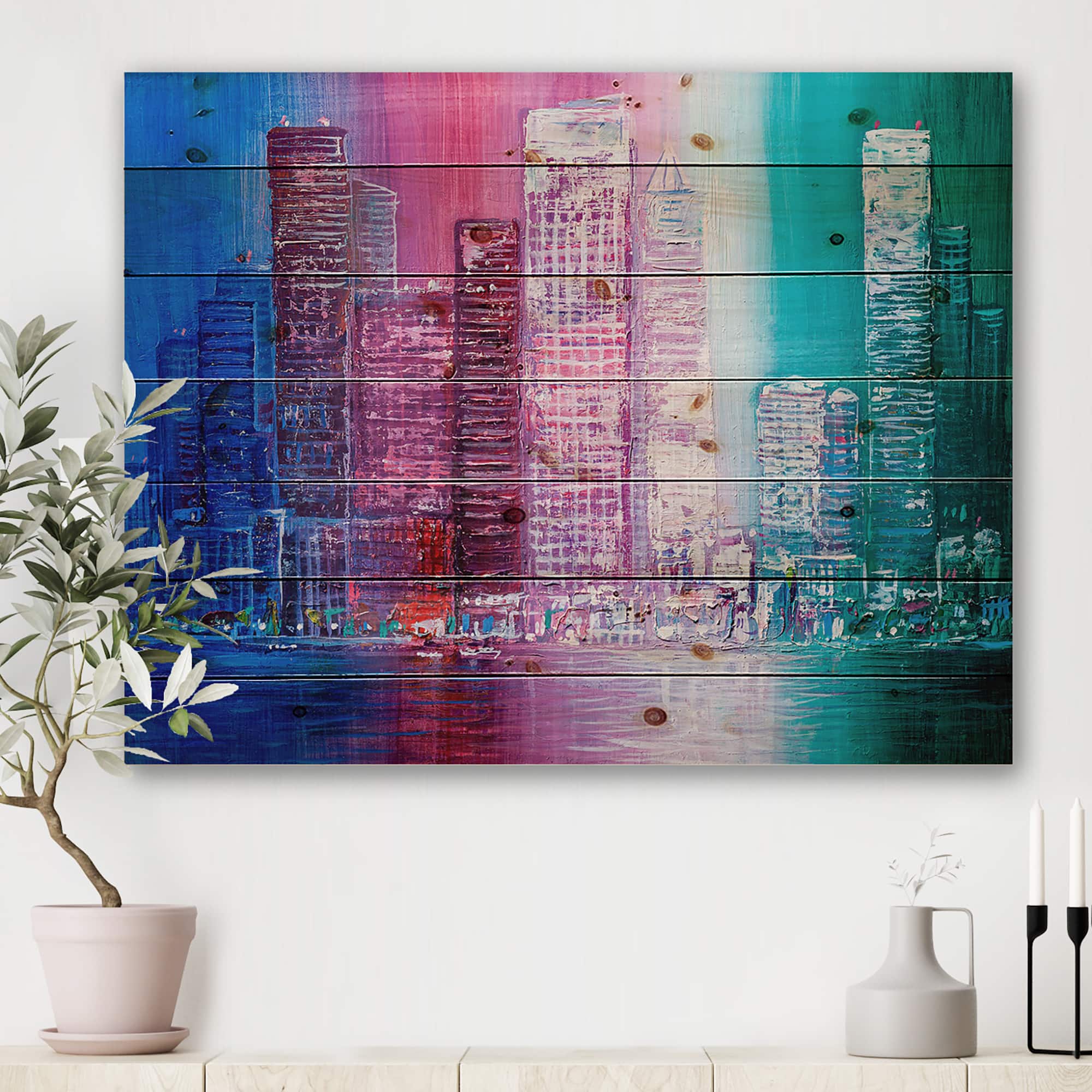 Designart - Skyscrapers Abstract Style Cityscape Panorama II - Modern Print on Natural Pine Wood