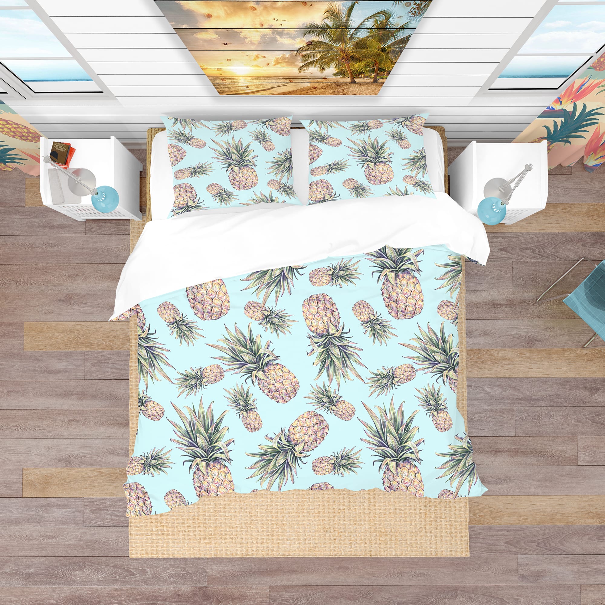 Designart &#x27;Pineapples on a Light Blue Background&#x27; Tropical Bedding Set - Duvet Cover &#x26; Shams