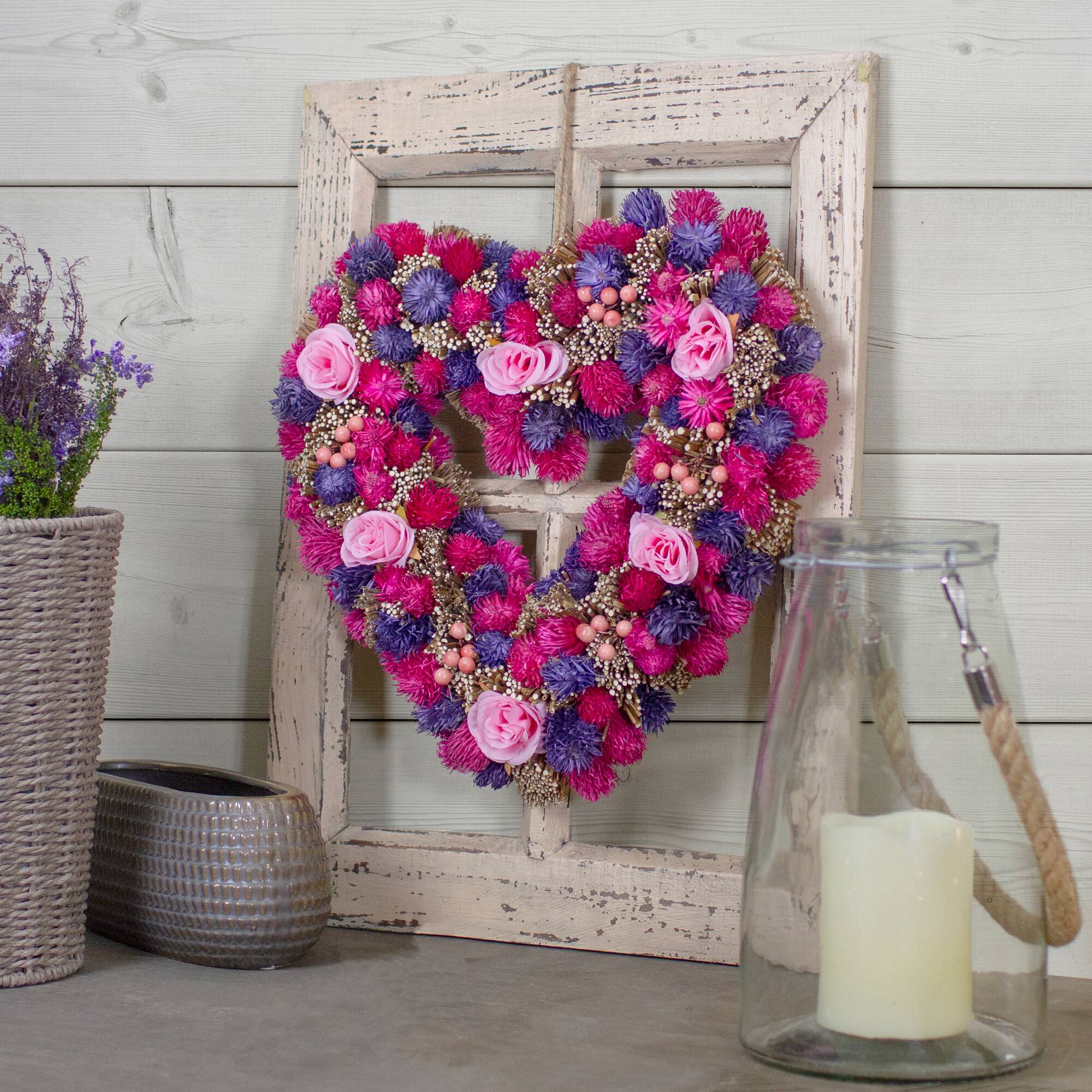 Pink and Purple Floral Berry and Twig Heart-Shaped Artificial Spring Wreath 13.5"