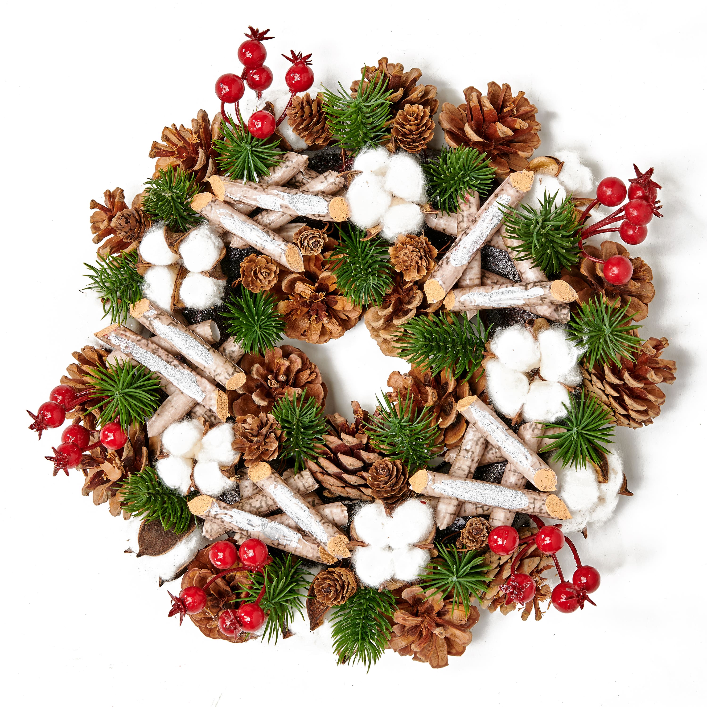 Worth Imports 12" Pine Cones, Cotton & Berries Christmas Artificial Birch Log Wreath