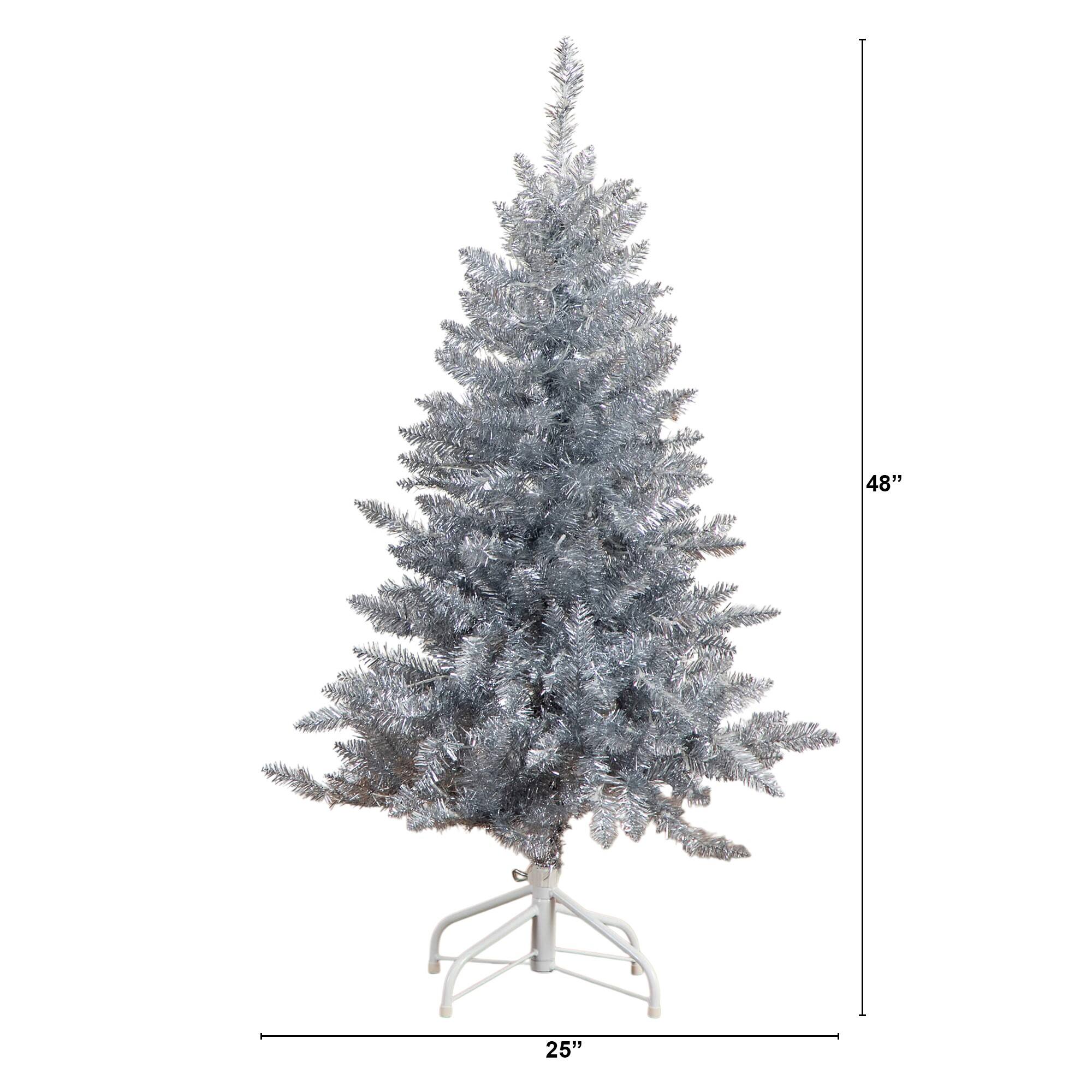 4ft. Pre-Lit Silver Tinsel Artificial Christmas Tree, Cool White Lights