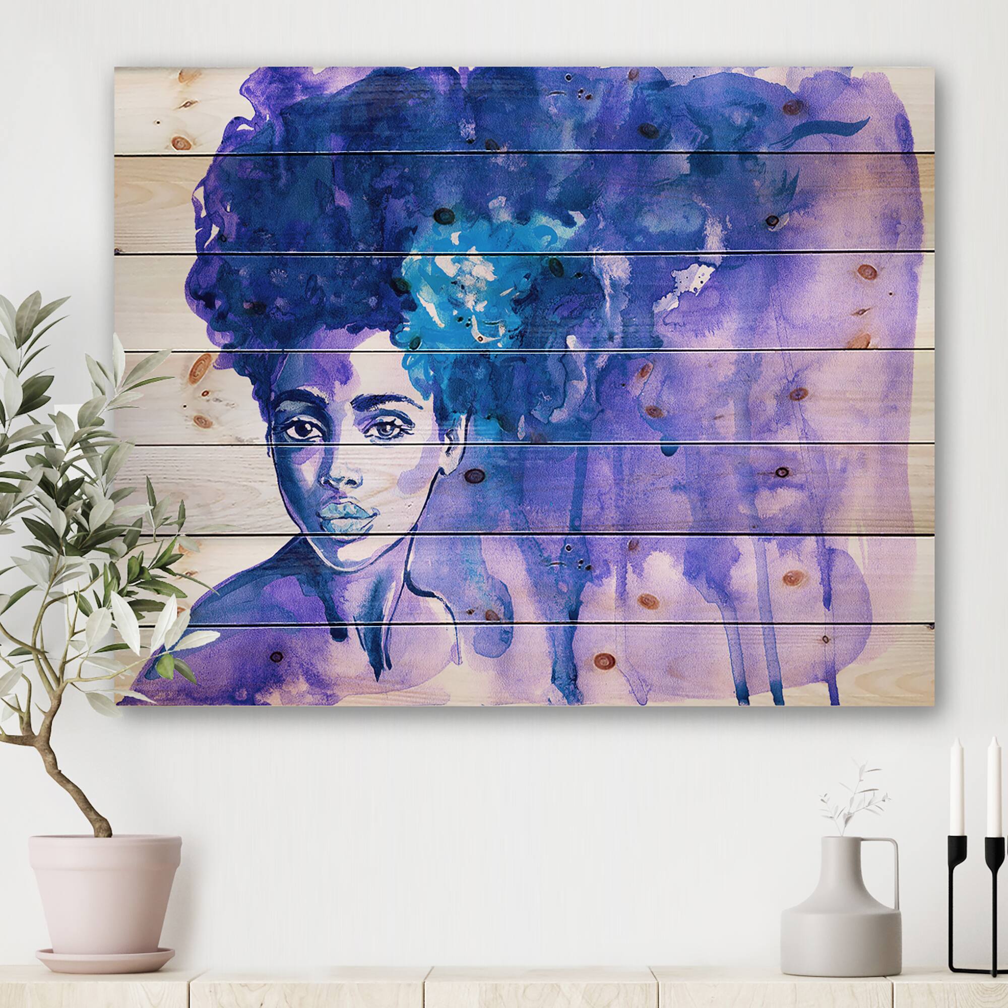 Designart - Glorious Blue Portrait of African American Woman - Modern Print on Natural Pine Wood