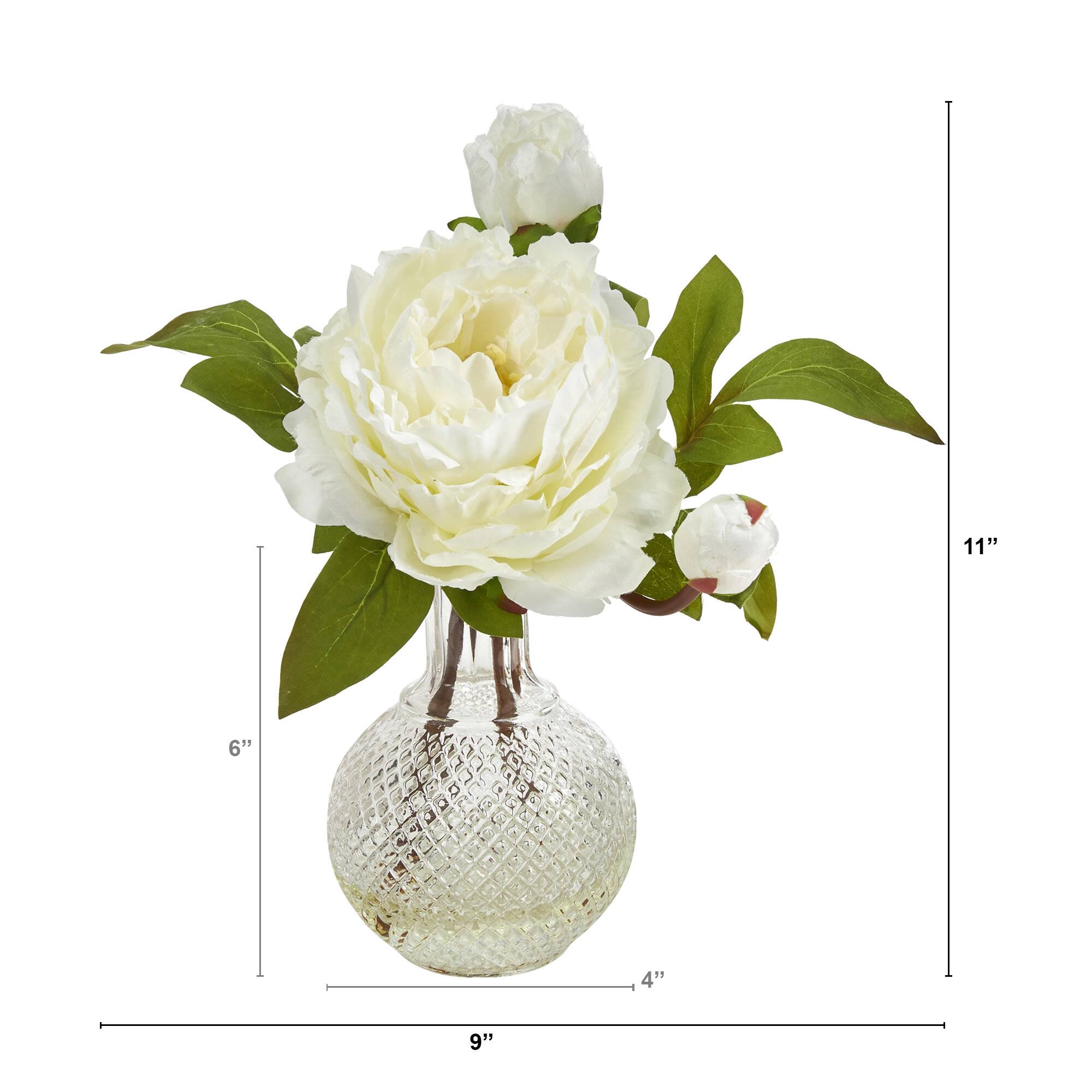 11" White Peony Arrangement in Clear Vase