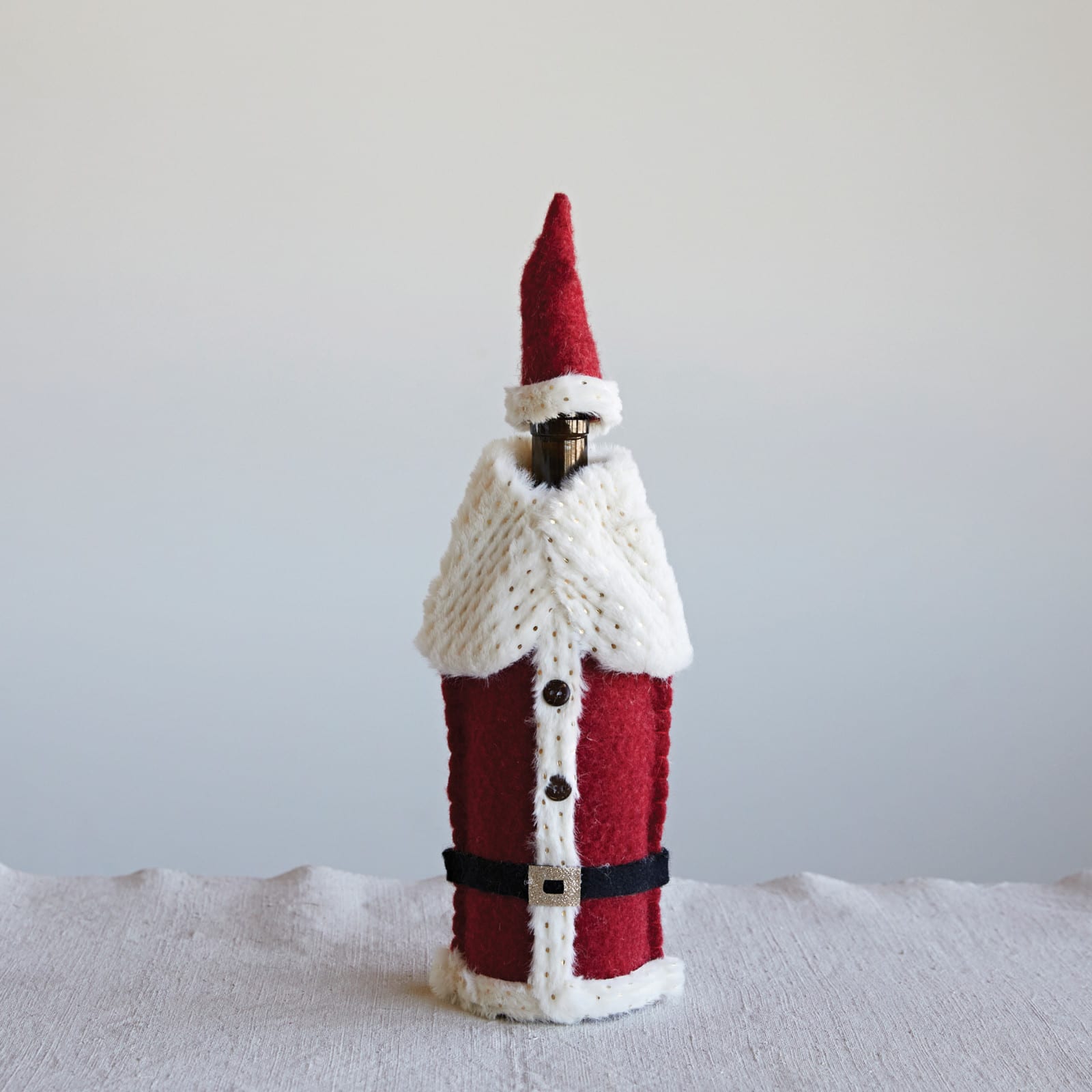 10.75&#x22; Red &#x26; White Felt Santa Outfit Bottle Cover 