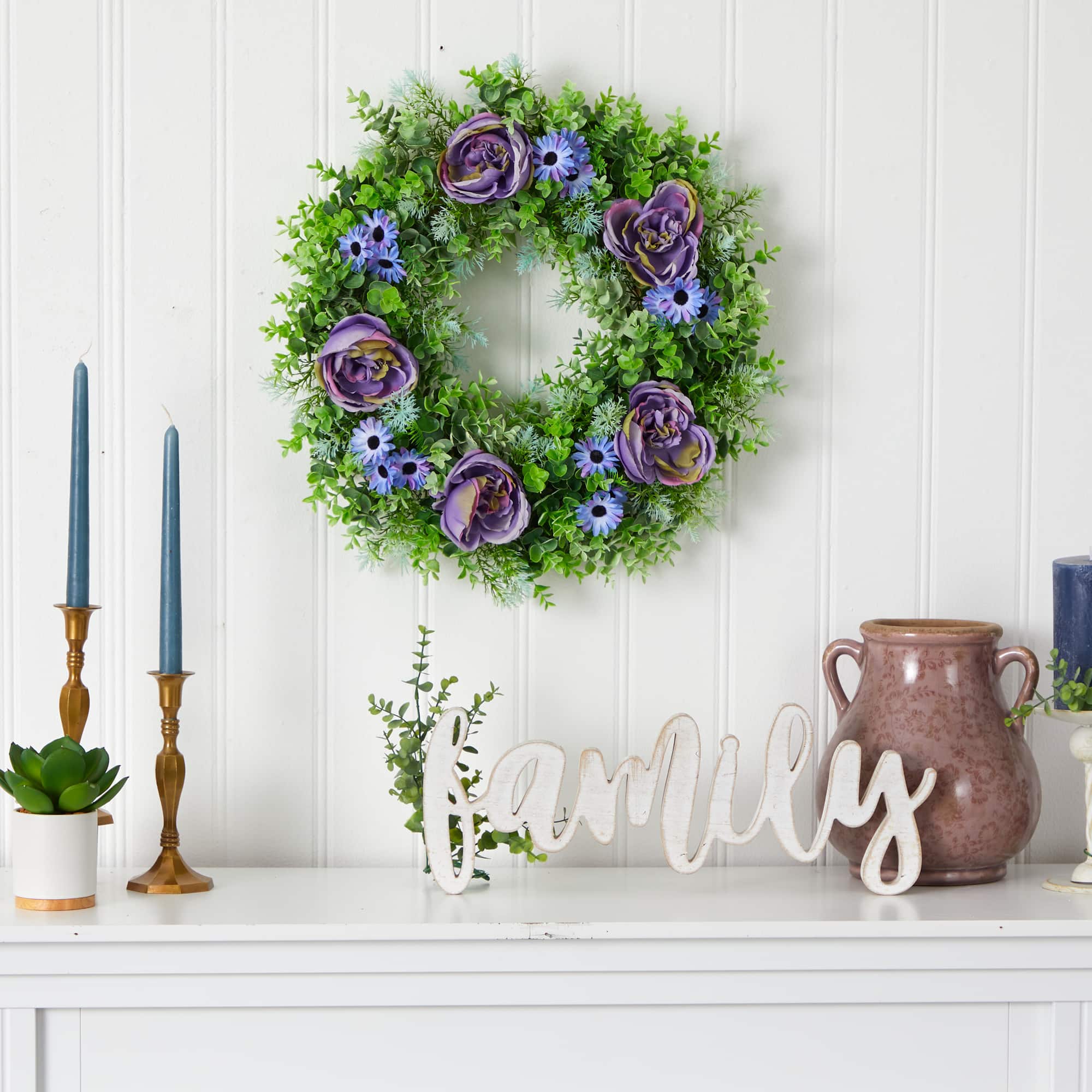22&#x22; Purple Rose, Blue Daisy &#x26; Greens Wreath