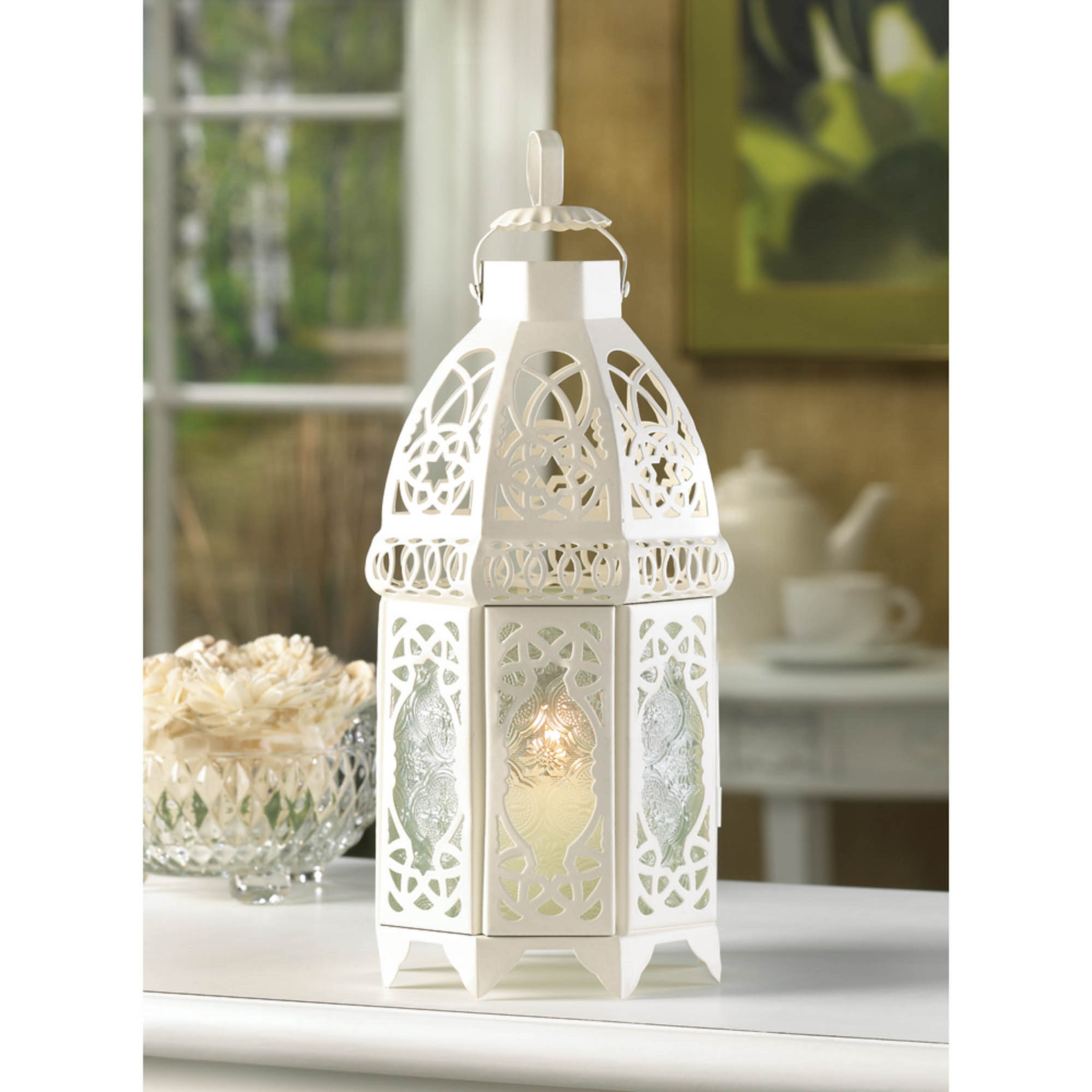 12" White Lattice Moroccan Style Candle Lantern