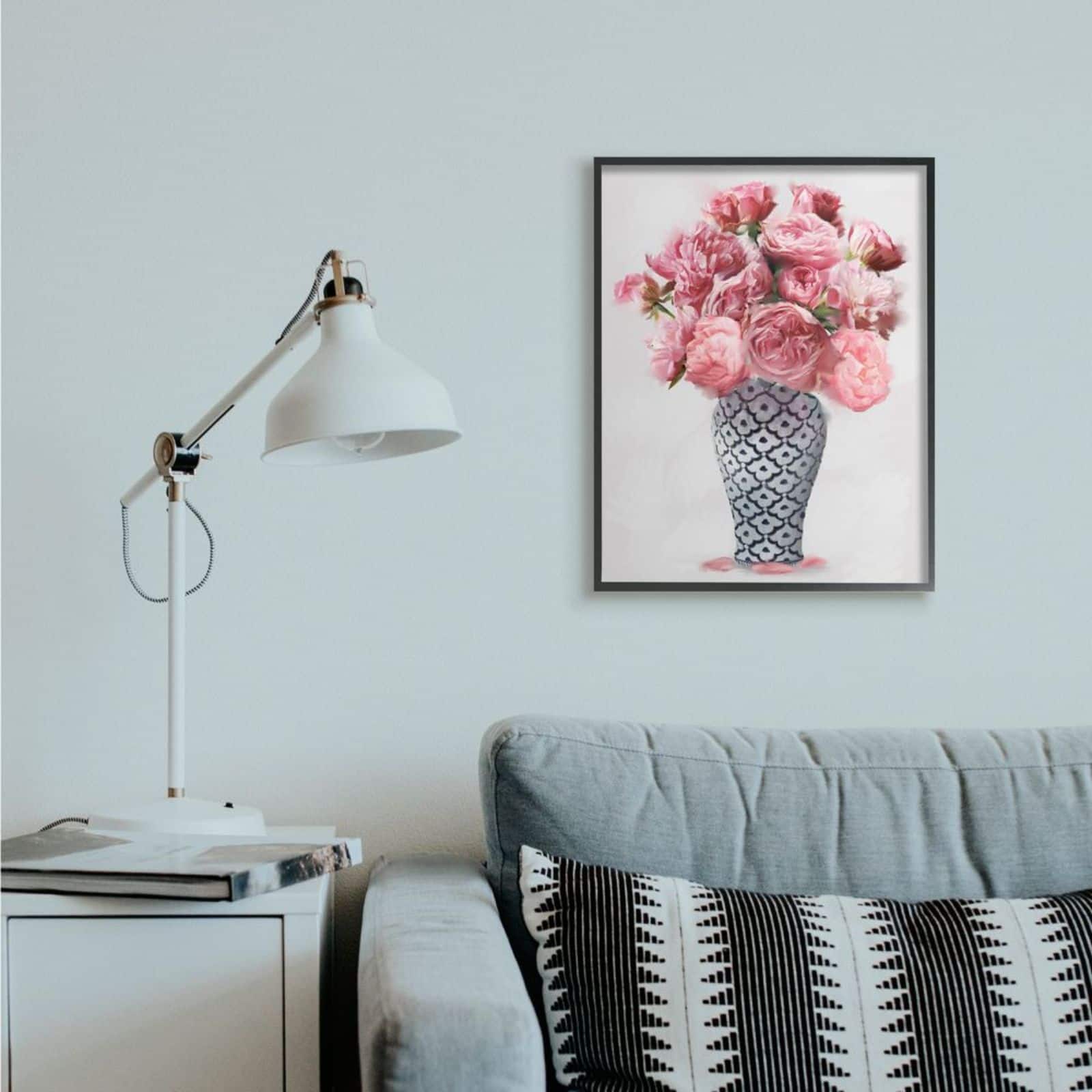 Stupell Industries Elegant Pink Peony Floral Bouquet in Vase Black Framed Wall Art