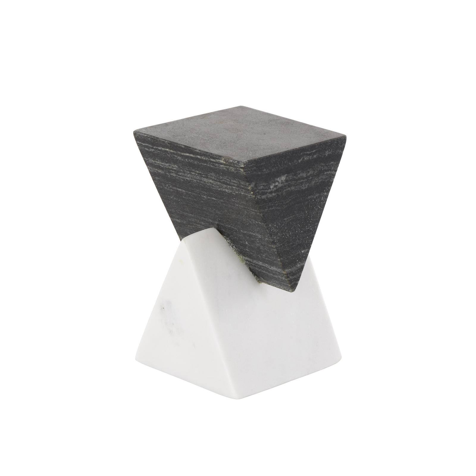 6.5" White & Black Marble Geometric Stacked Pyramid Sculpture
