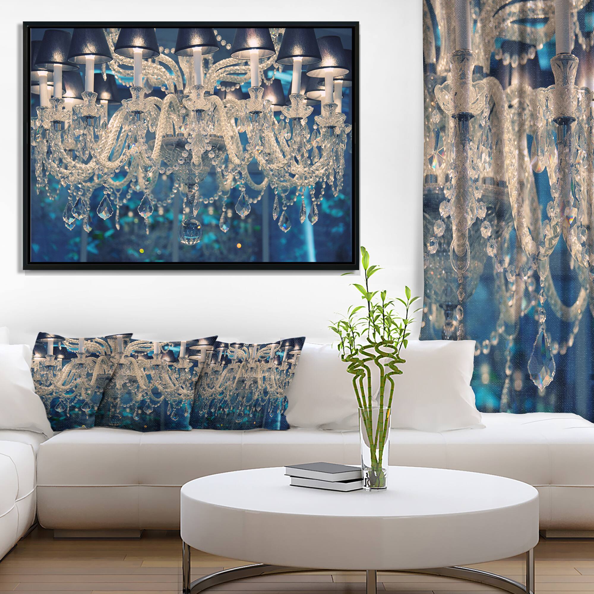 Designart - Blue Vintage Crystal Chandelier - Flower Artwork on Framed Canvas