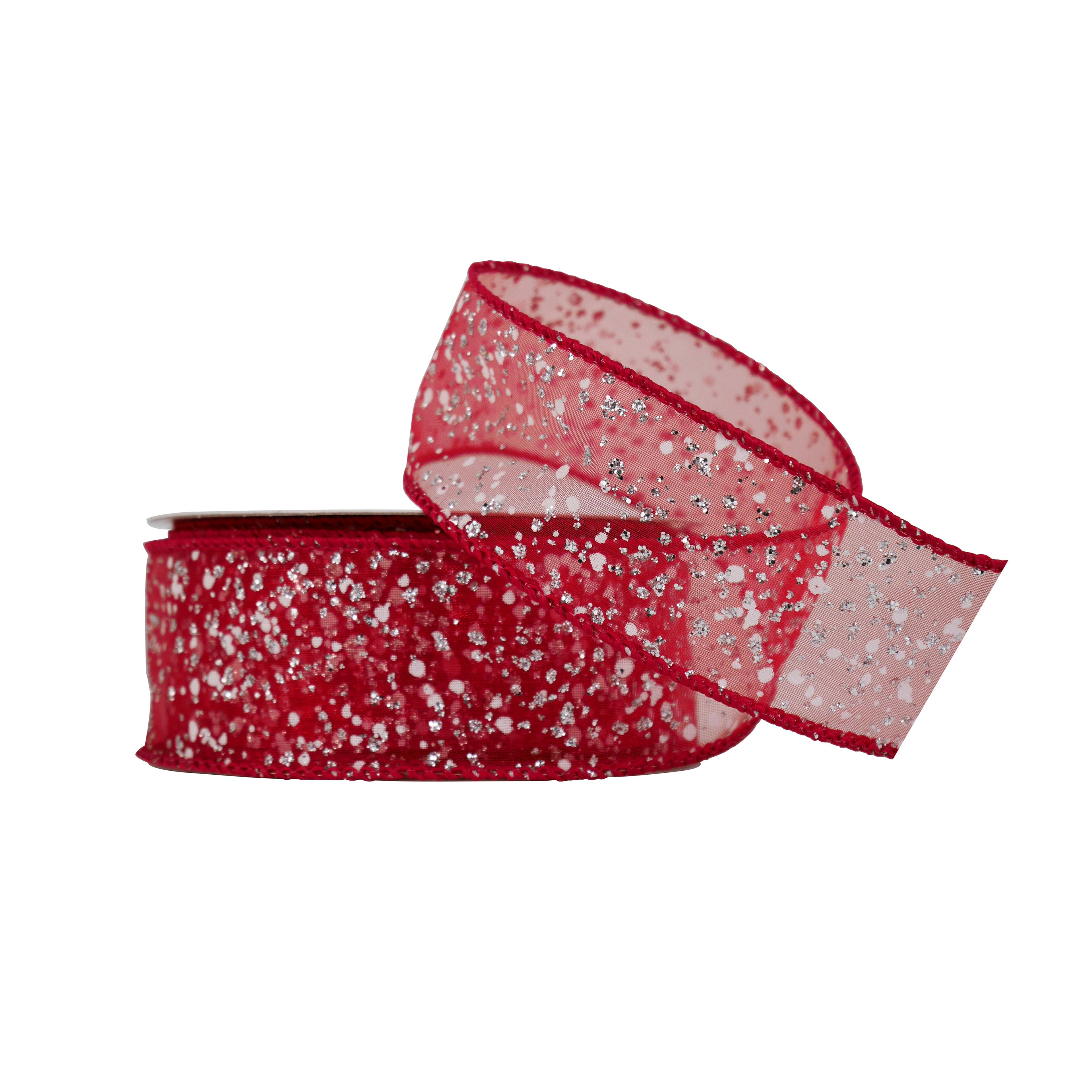 Ruban diaphane rouge saupoudr&#xE9; de pois de 3,8&#xA0;cm x 9,1&#xA0;m avec fil m&#xE9;tallique No&#xEB;l de Celebrate It