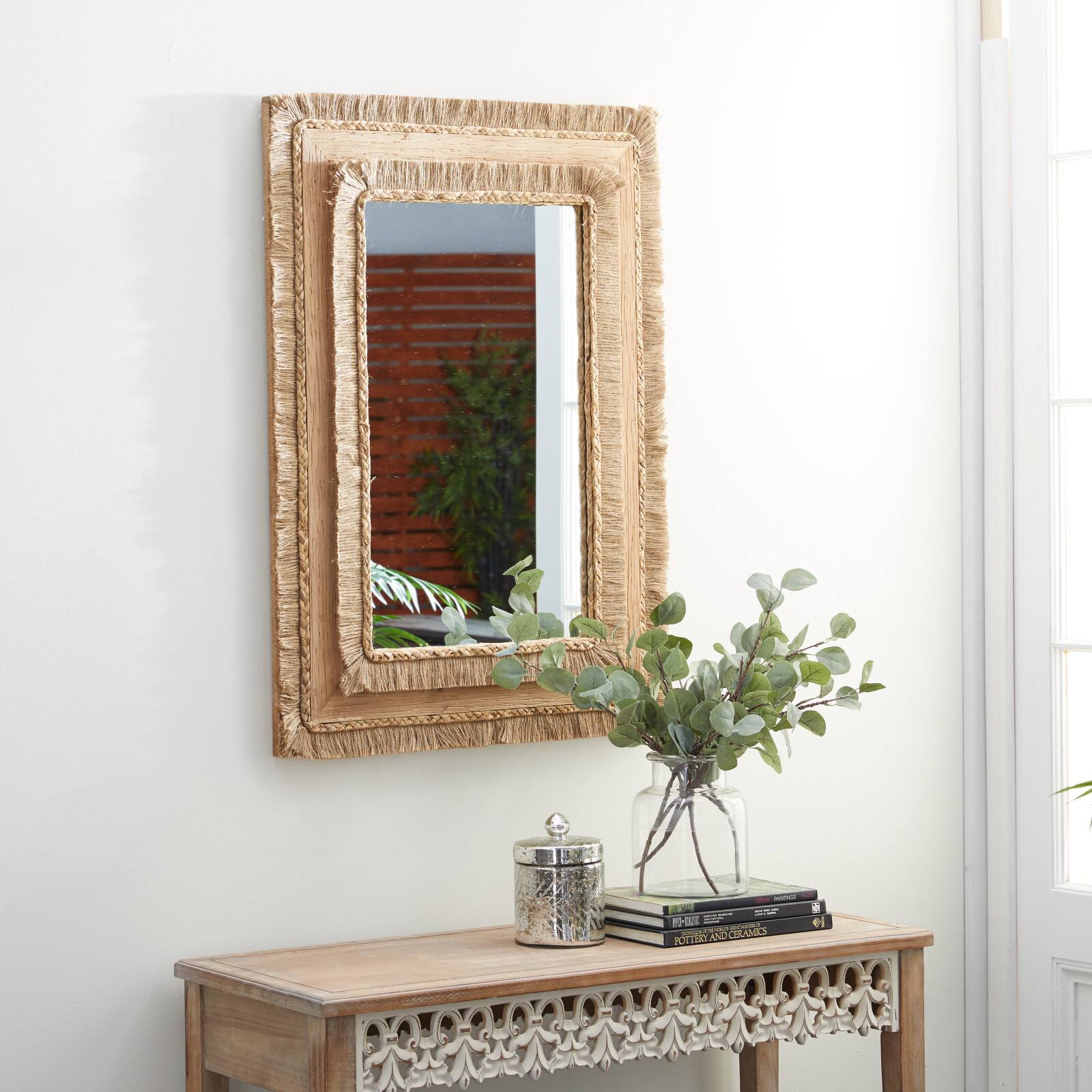 36&#x22; Brown Bohemian Style Wood Wall Mirror