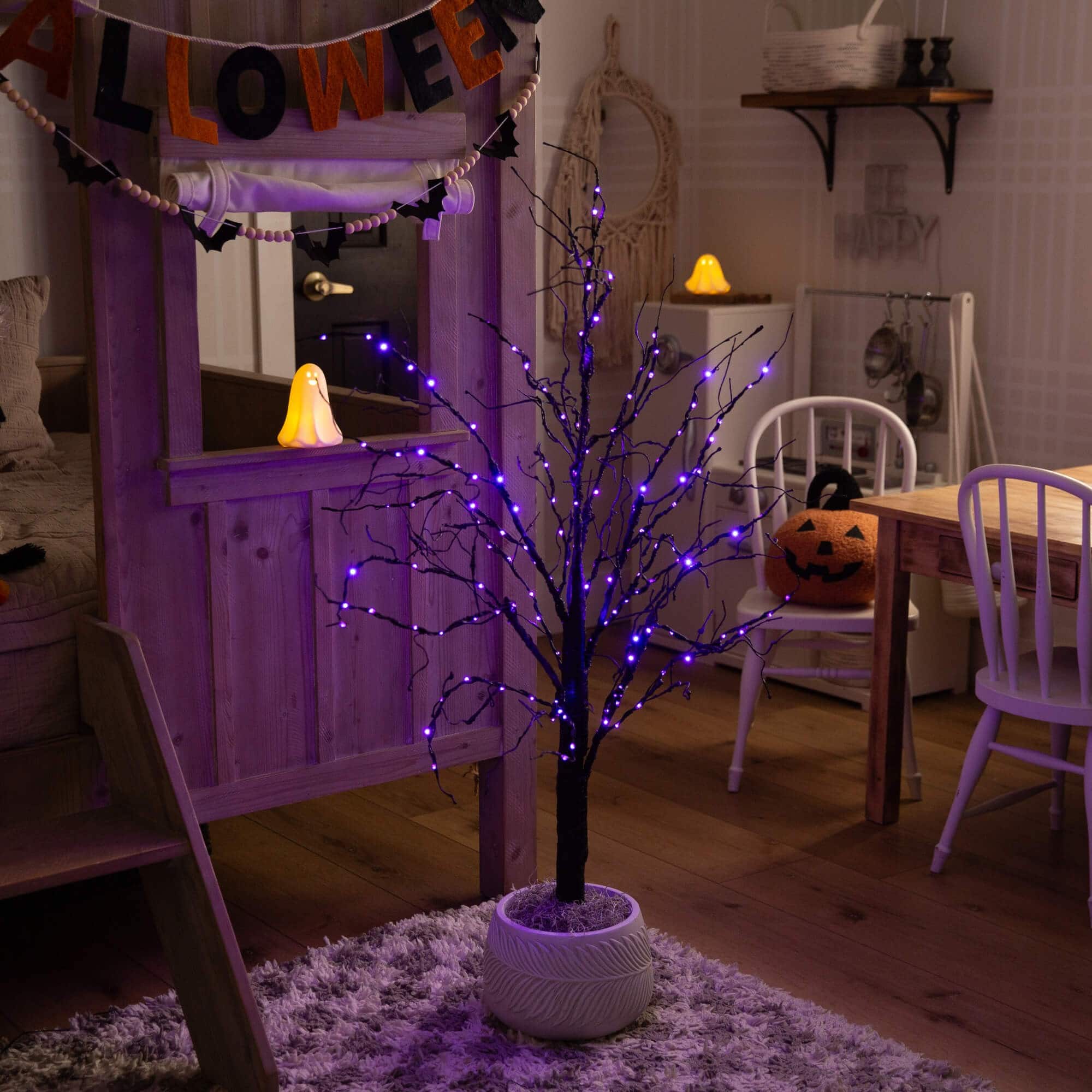 4ft. Pre-Lit Halloween Black Twig Artificial Tree with 180 Orange &#x26; Purple LED Lights