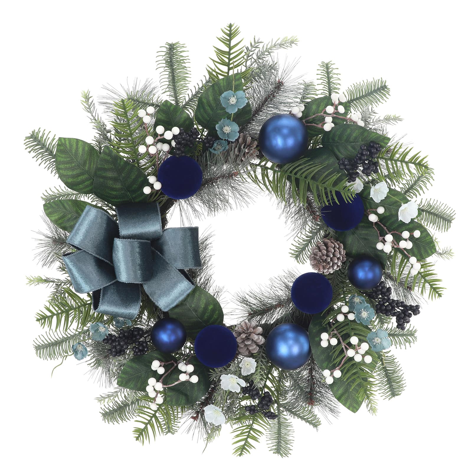 26&#x22; Pine Leaf, Blue Ornament &#x26; White Berry Wreath with Bow by Ashland&#xAE;