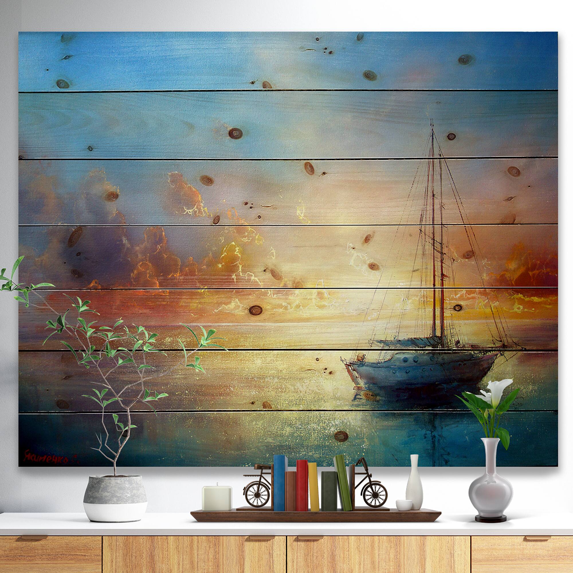Designart - Seascape Pier - Seascape Print on Natural Pine Wood