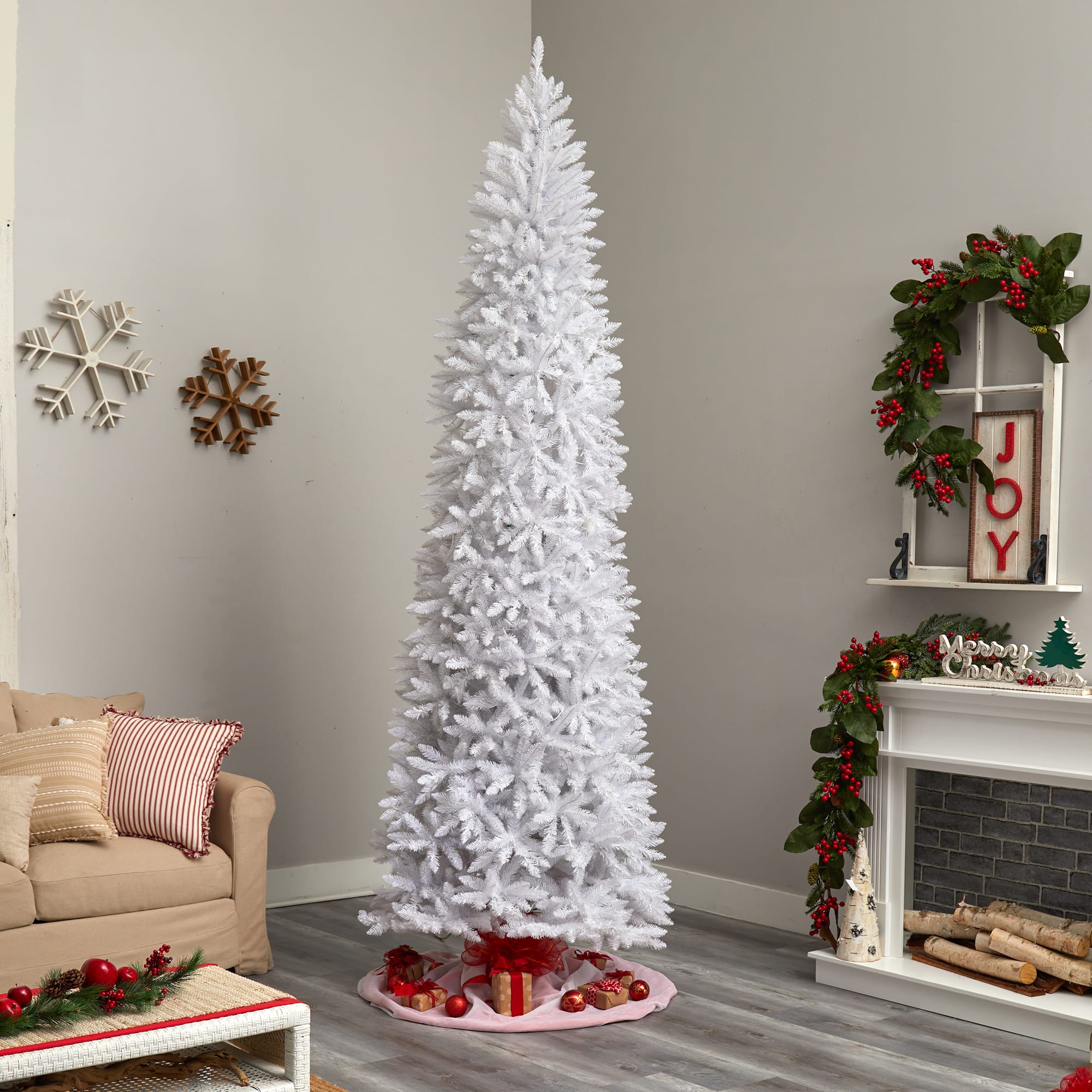 10ft. Pre-Lit Slim White Artificial Christmas Tree, Warm White LED Lights