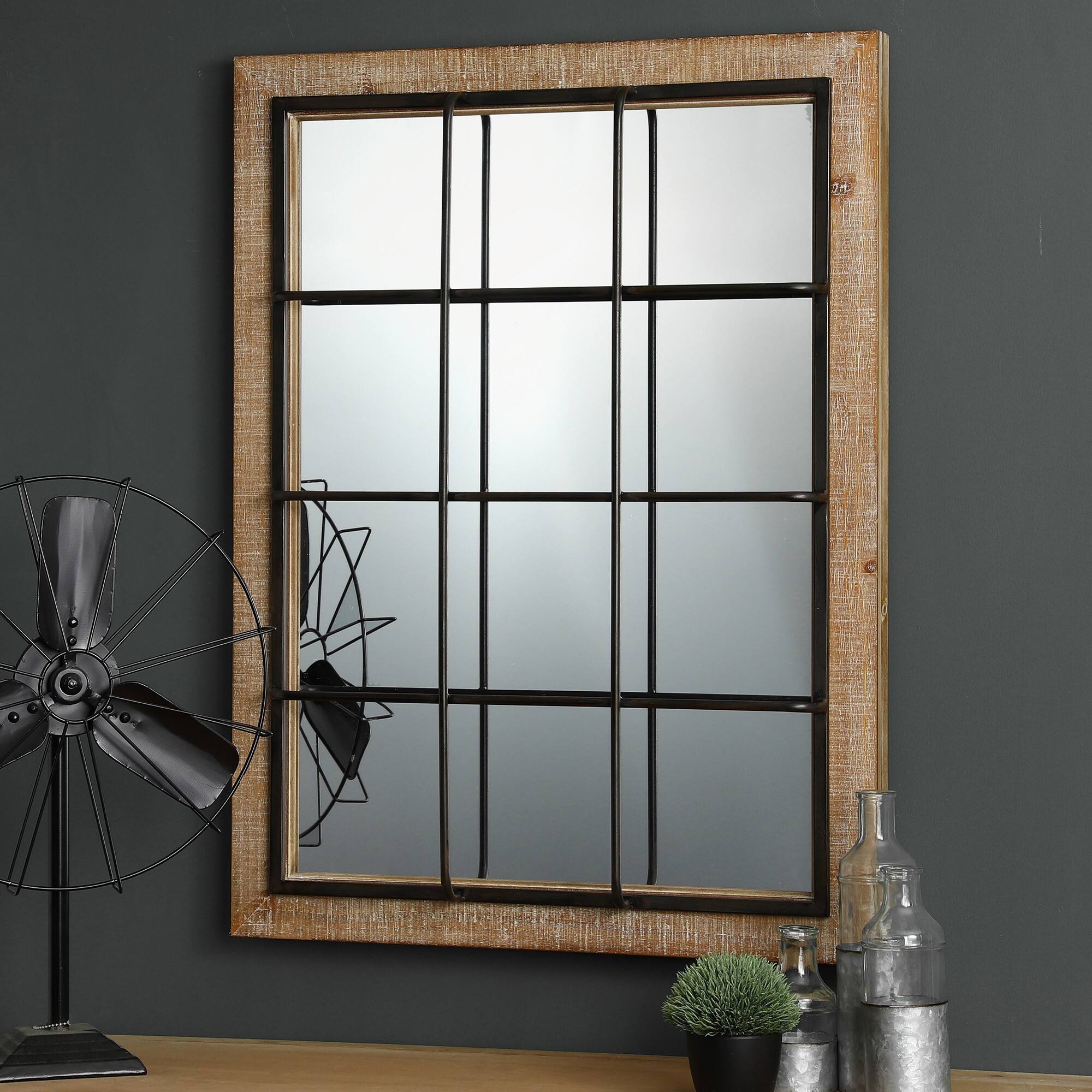Glitzhome® 31.5" Farmhouse Wooden & Metal Windowpane Rectangular Wall Mirror