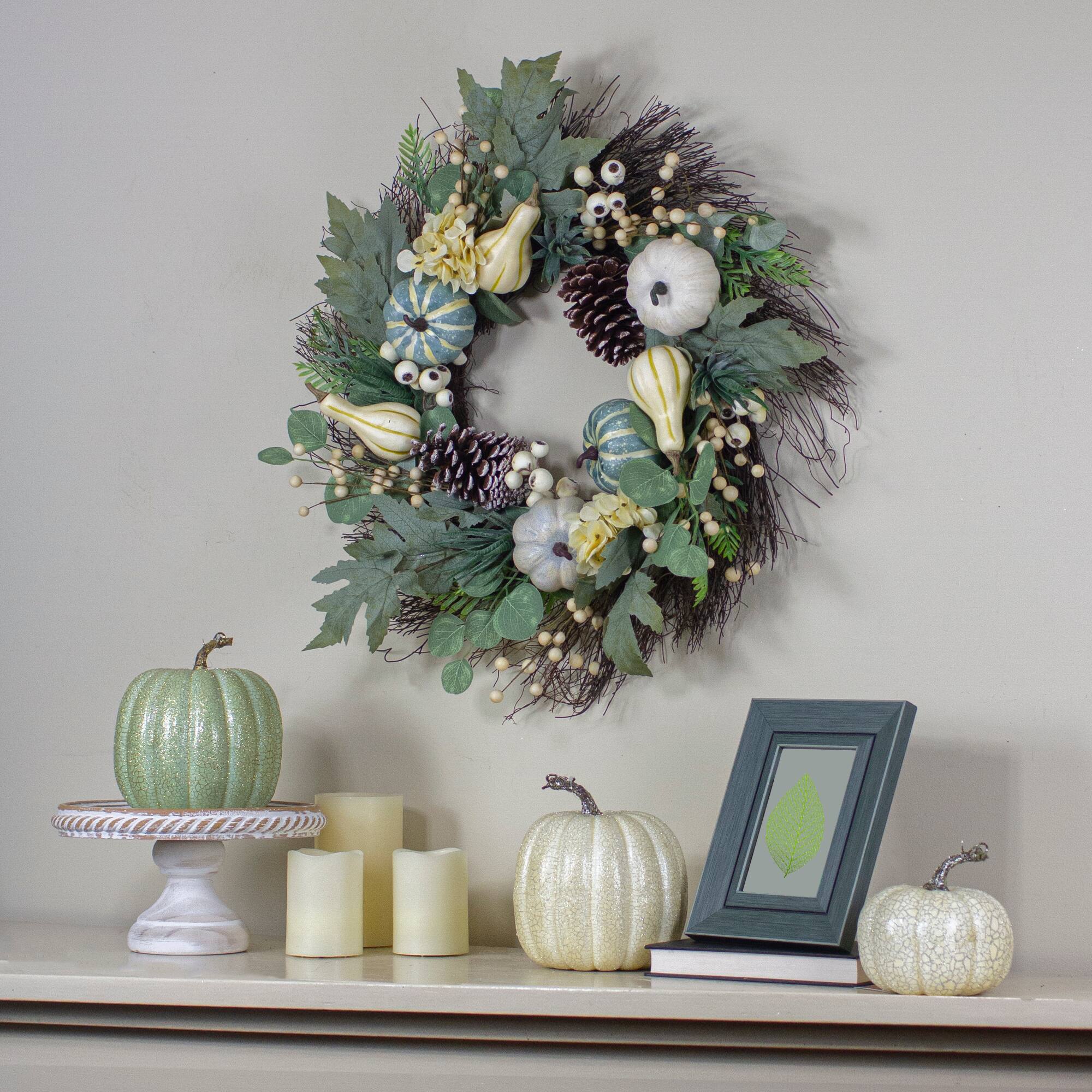 22" Green & White Pumpkins & Berries Fall Harvest Wreath