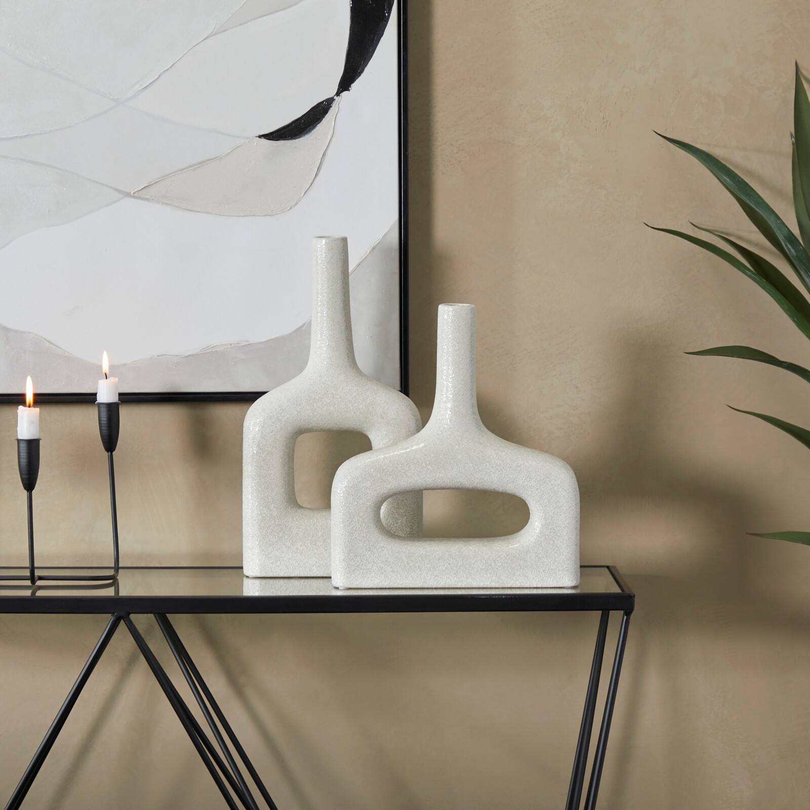 CosmoLiving by Cosmopolitan White Ceramic Donut Shaped Vase Set of 2 16", 13"