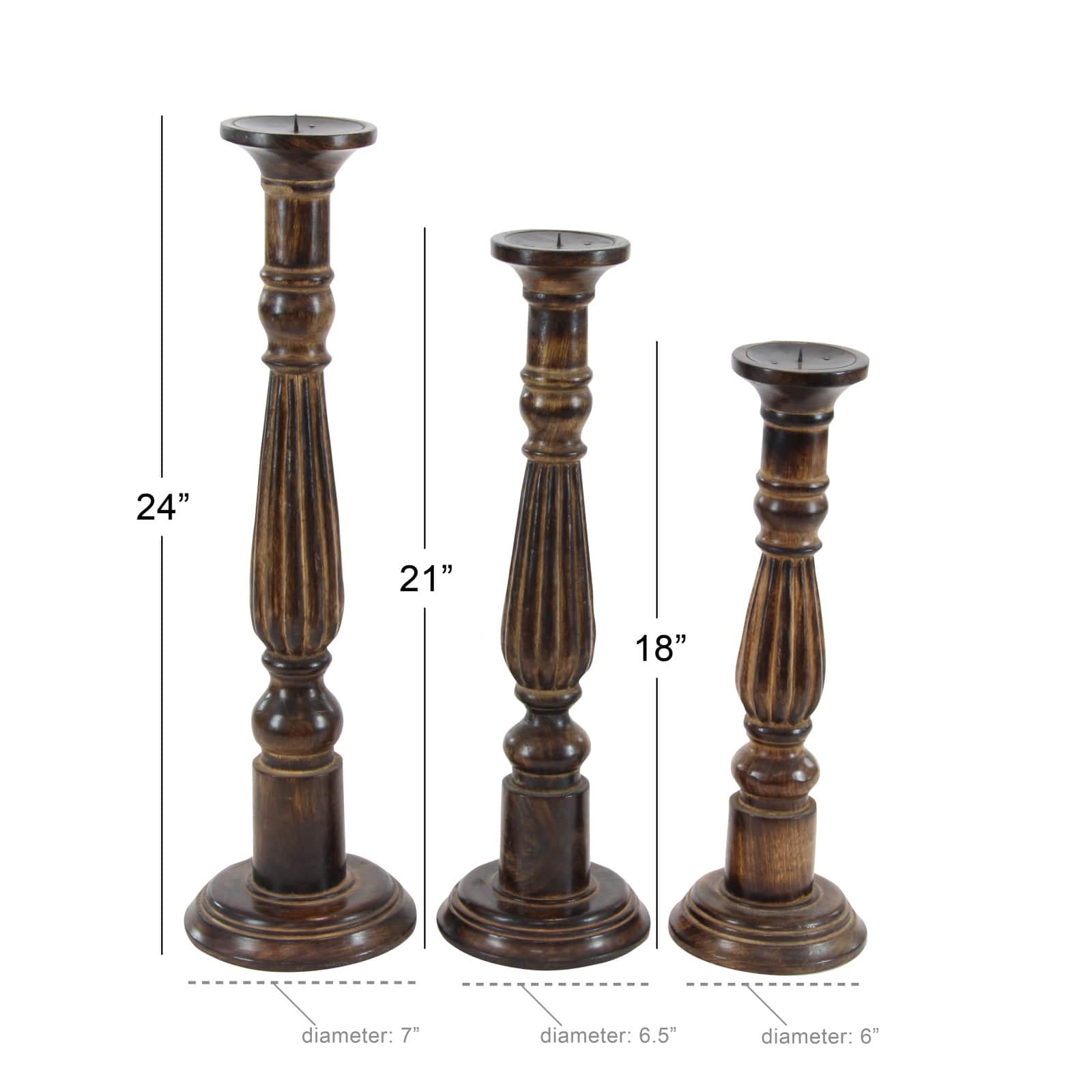 Brown Mango Wood Traditional Candle Holders Set, 18", 21" & 24"