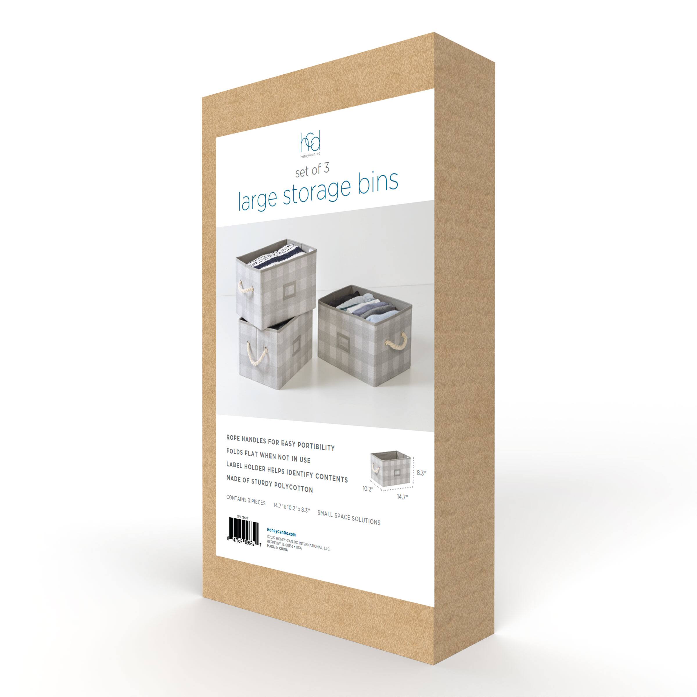 Honey Can Do Gray Plaid Large Collapsible Fabric Storage Bins With Handles Set, 3ct.