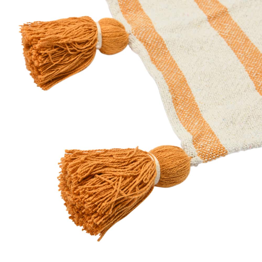 Golden Yellow Striped Cotton Throw Blanket with Tassels