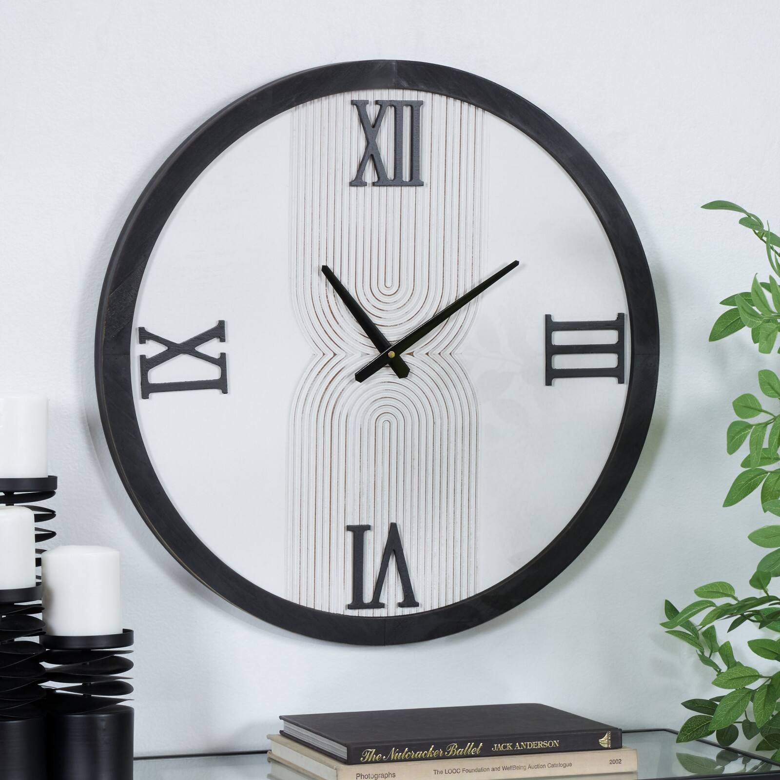 24&#x22; The Novogratz White Wood Art Deco Line Art Wall Clock