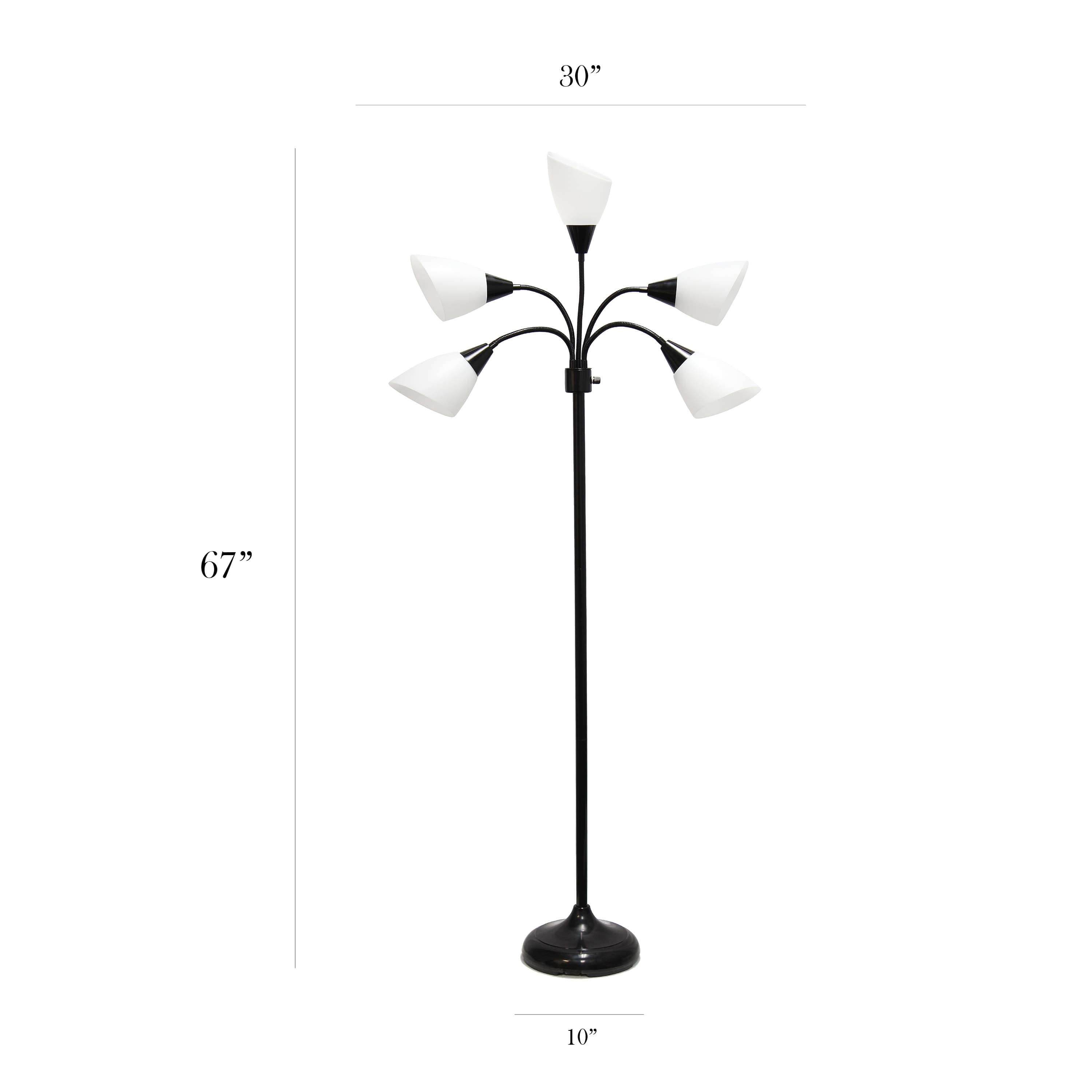 Simple Designs&#x2122; 5.5ft. 5-Light Gooseneck Black Floor Lamp with White Shades