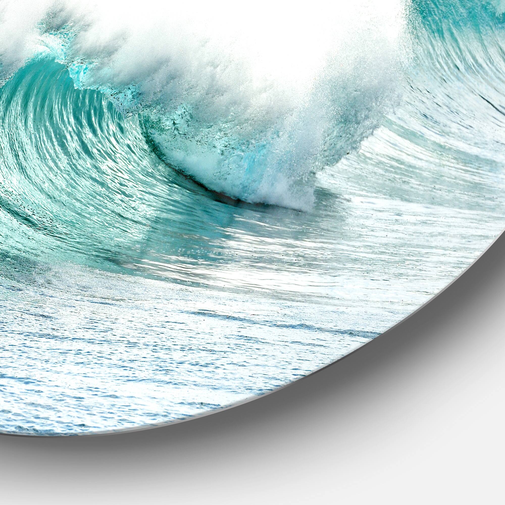 Designart - Massive Blue Waves Breaking Beach&#x27; Seashore Metal Circle Wall Art