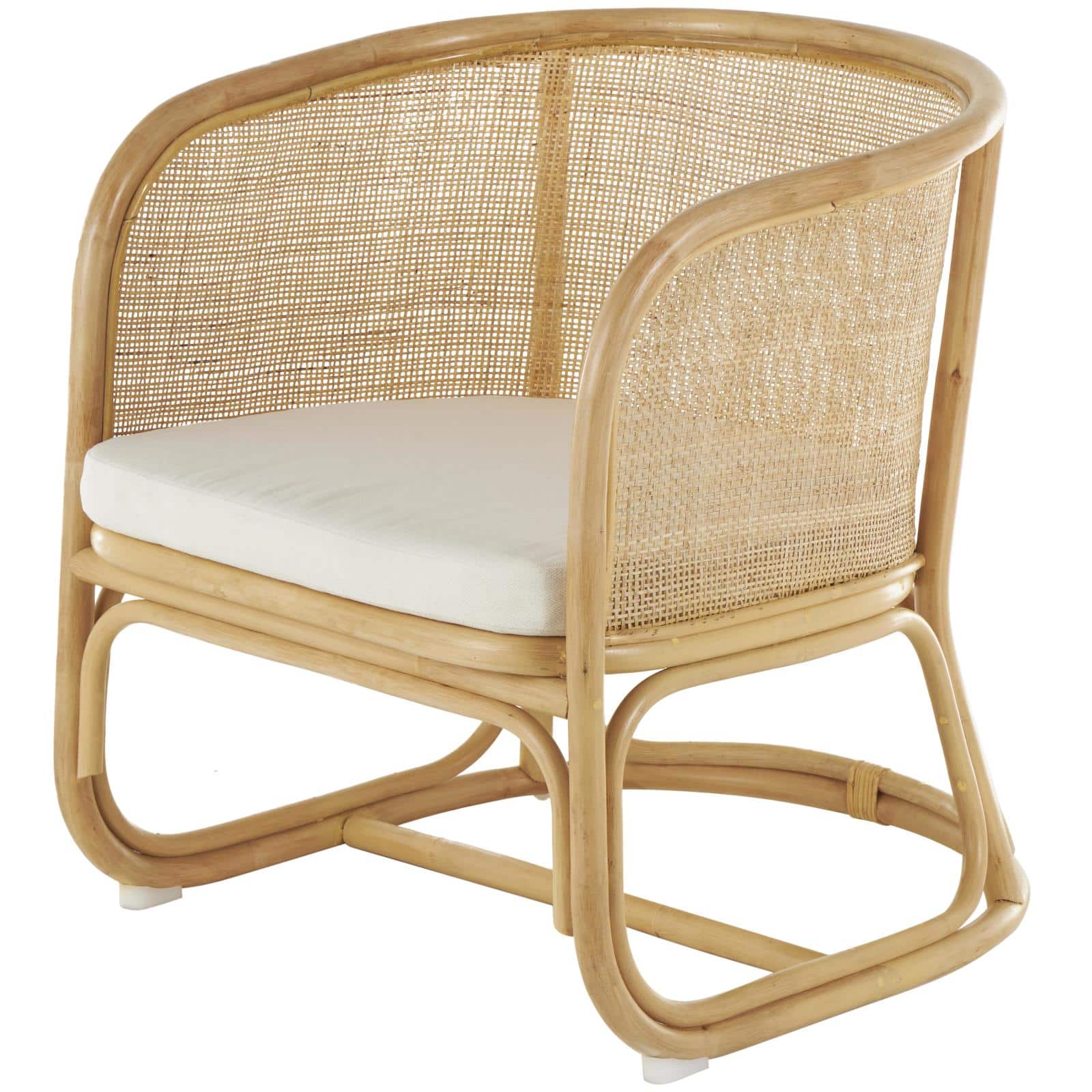 25" x 29" x 28" Light Brown Rattan Woven Rounded Accent Chair with White Fabric Cushion