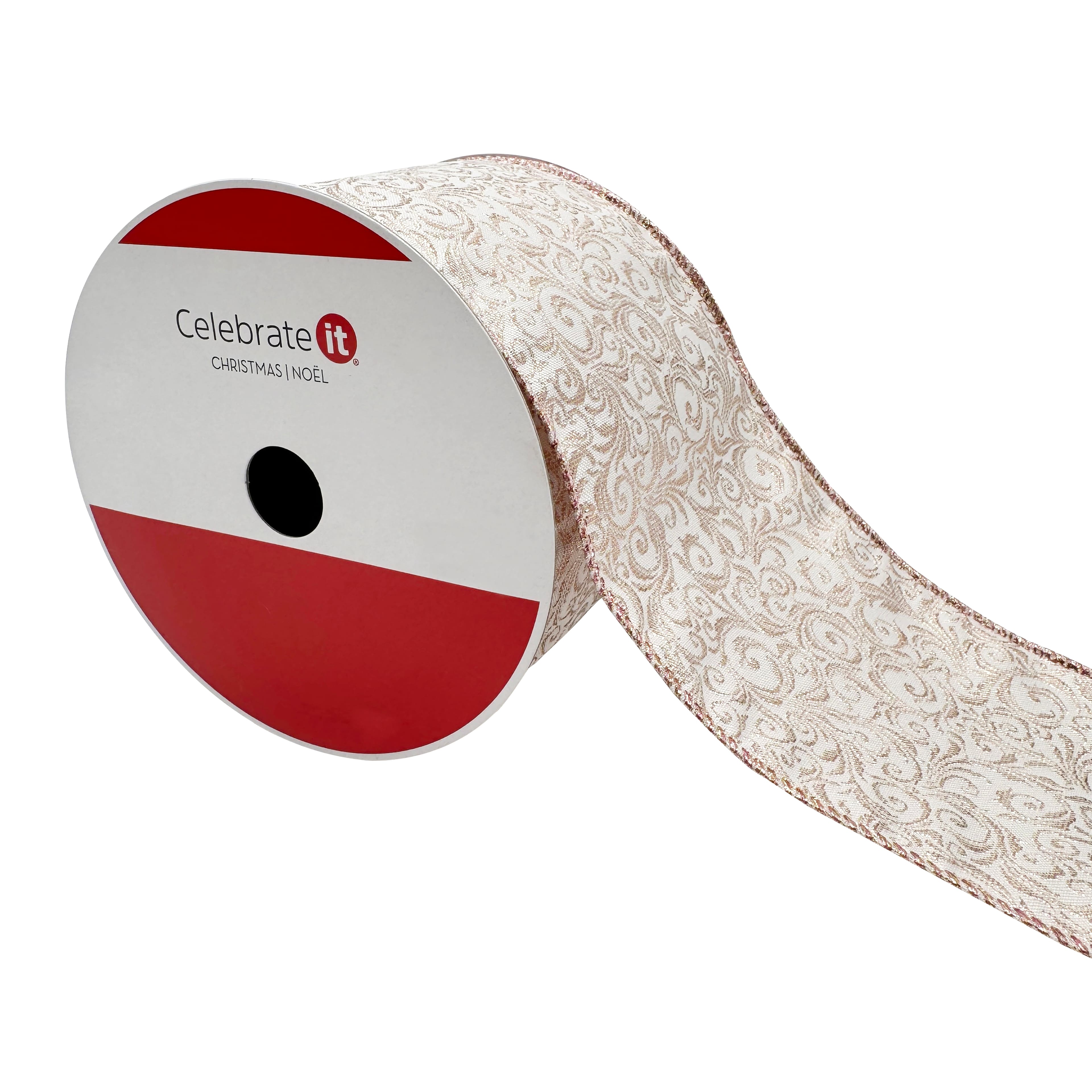 3.5" x 15ft. Blush Jacquard Scroll Wired Ribbon by Celebrate It®