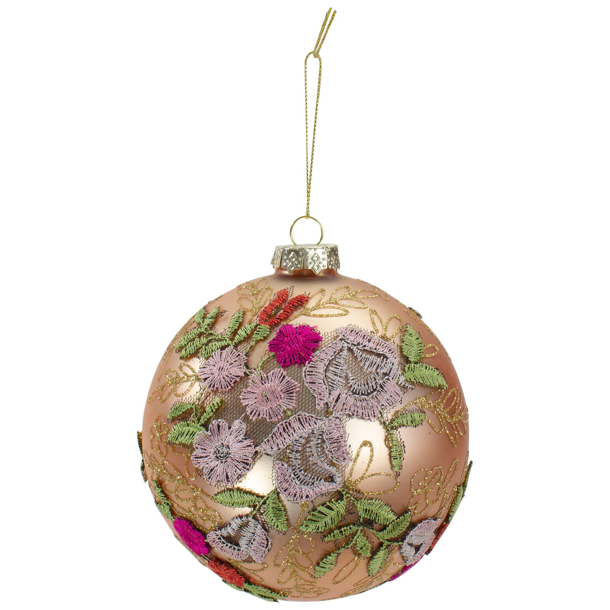 4.5&#x22; Pink Floral Applique Glass Ball Ornament