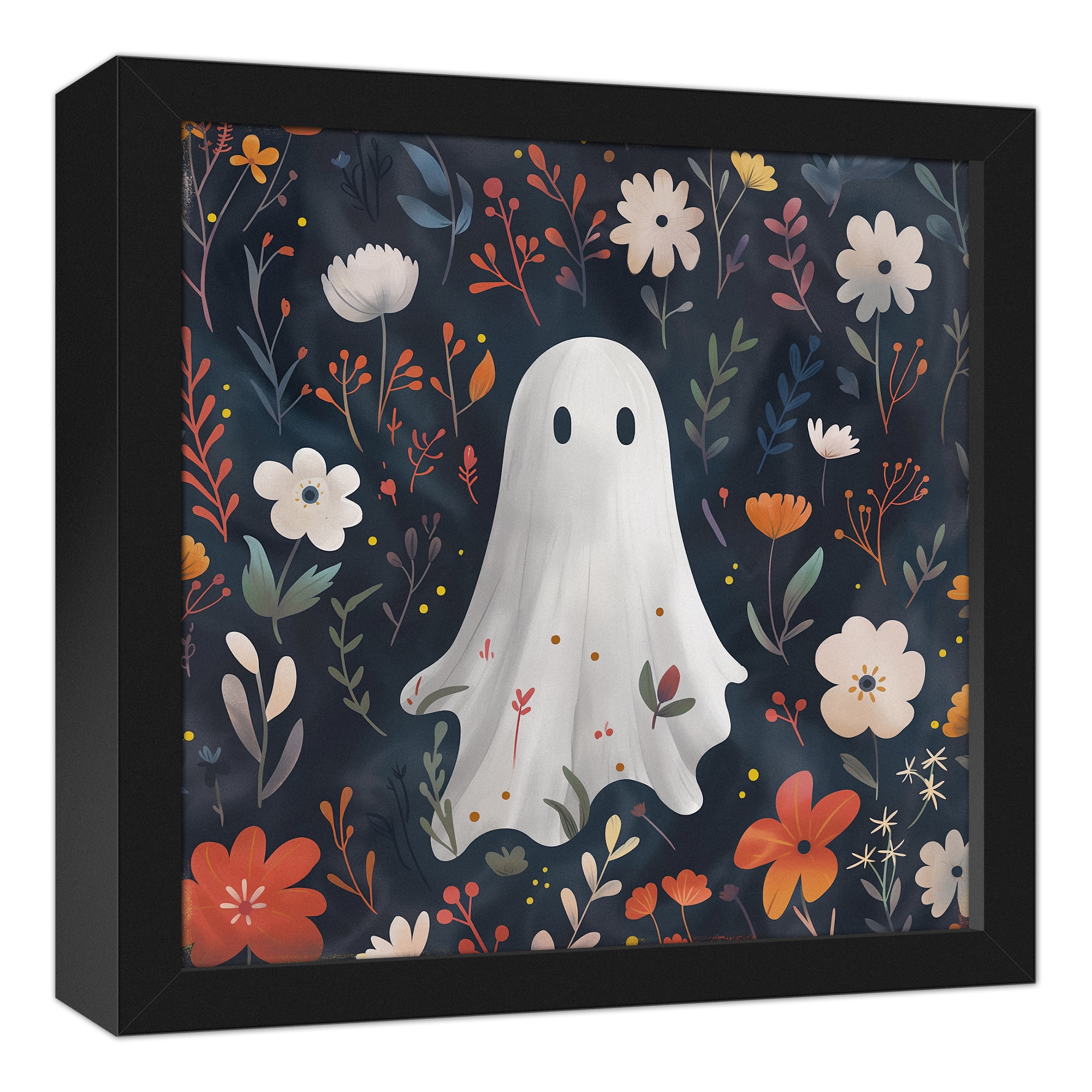 Cute Floral Ghost 13.73&#x22; x 13.73&#x22; Black Framed Canvas