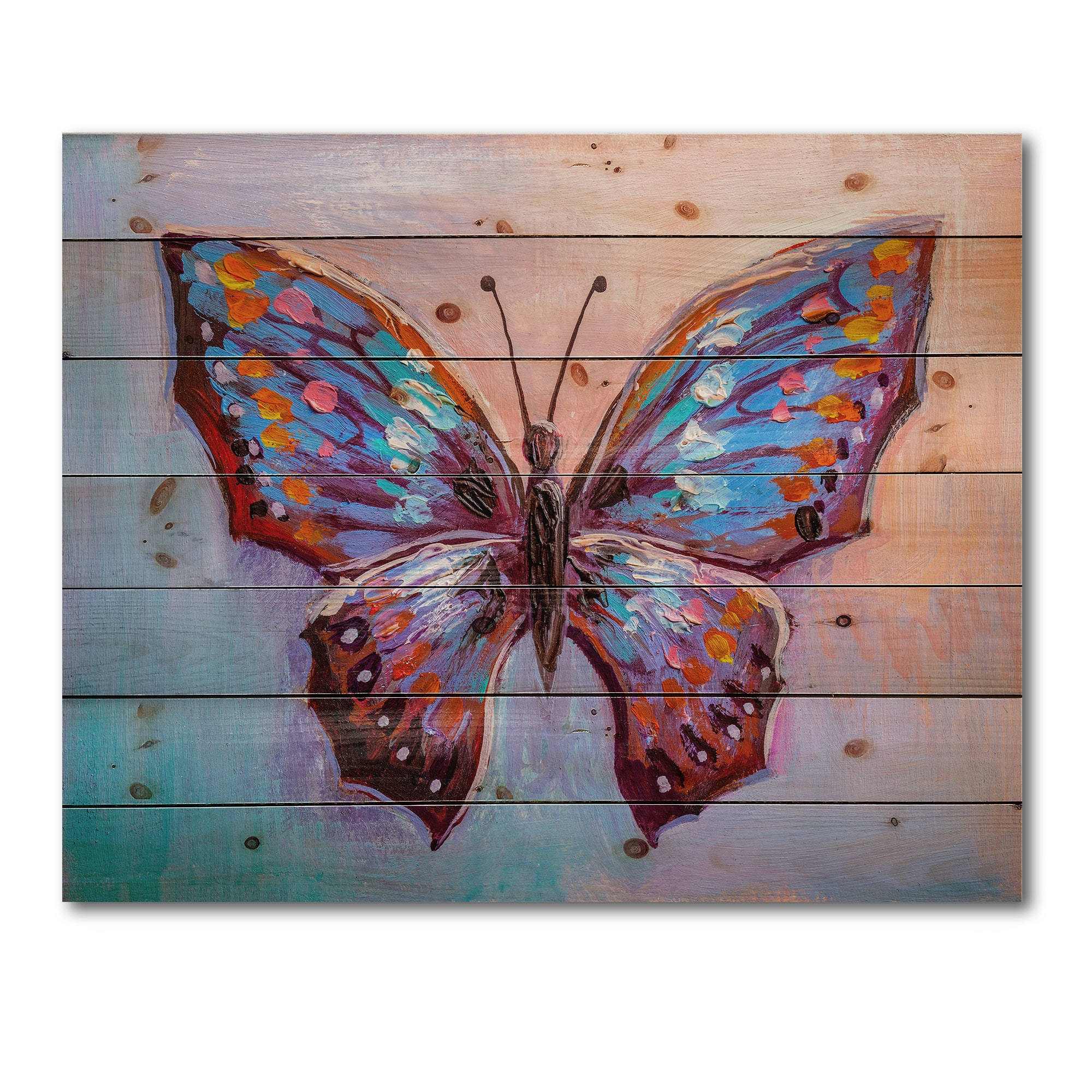 Designart - Vintage Blue Butterfly II - Modern Print on Natural Pine Wood