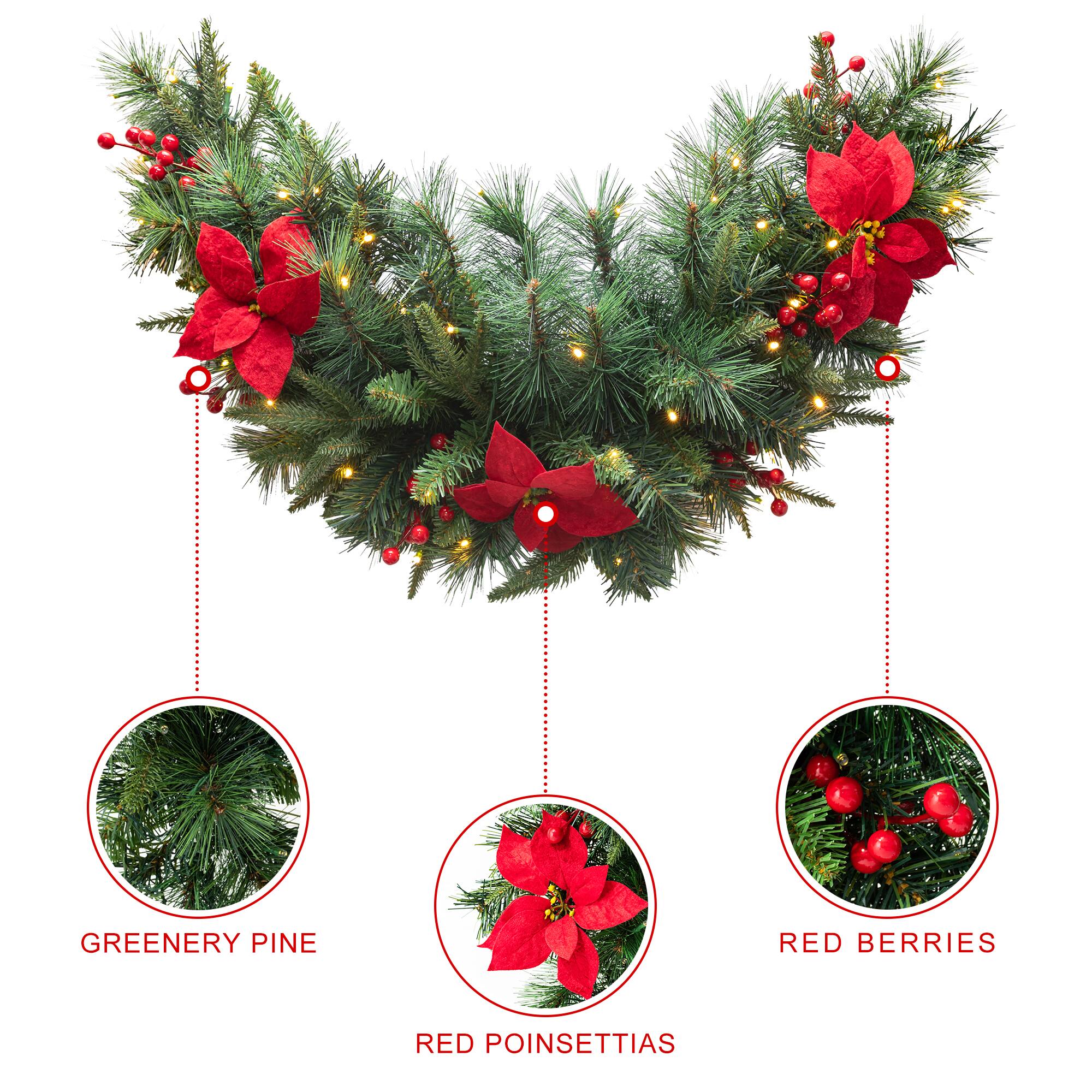 Glitzhome&#xAE; 3ft. Pre-Lit Pine, Poinsettia &#x26; Berries Christmas Swag