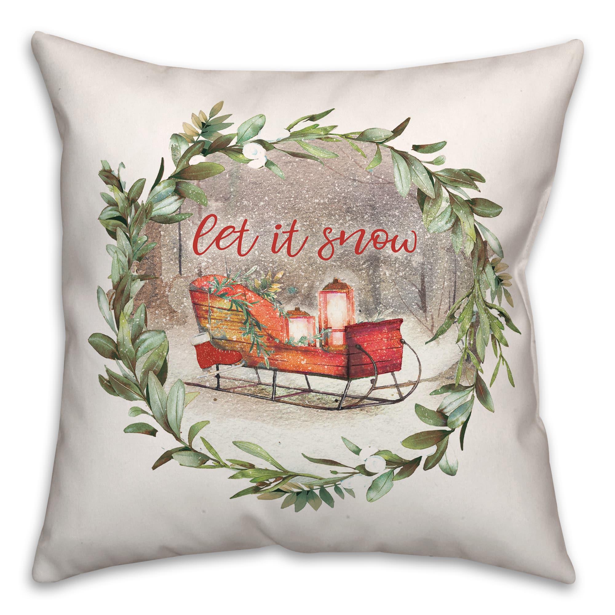 Let It Snow Sled Wreath 18x18 Throw Pillow