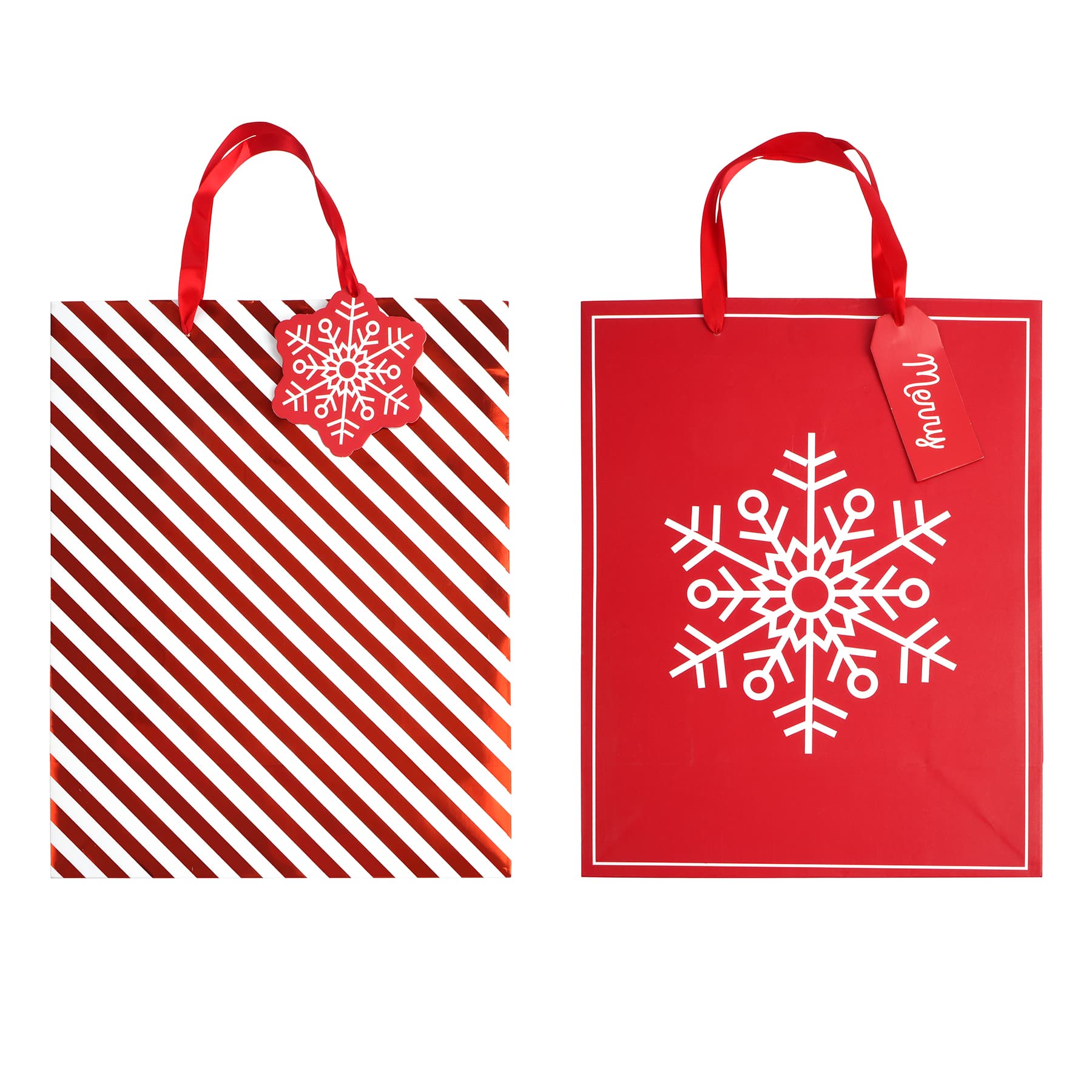 12.5&#x22; Red &#x26; White Stripe &#x26; Snowflake Gift Bag Set by Celebrate It&#xAE;