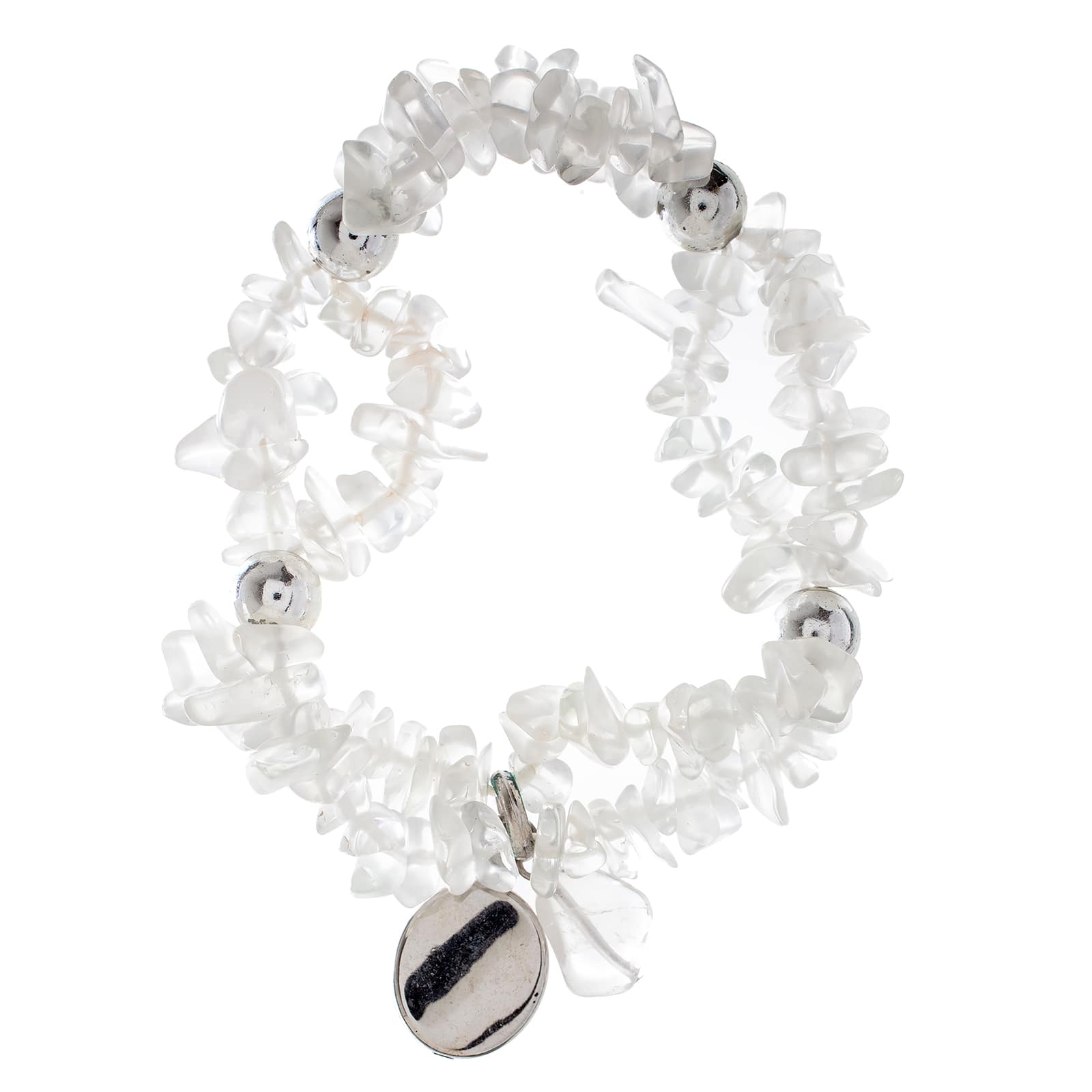 John Bead Crystal Quartz Clear Natural Stone 2-Strand Bracelet with Circle Charm