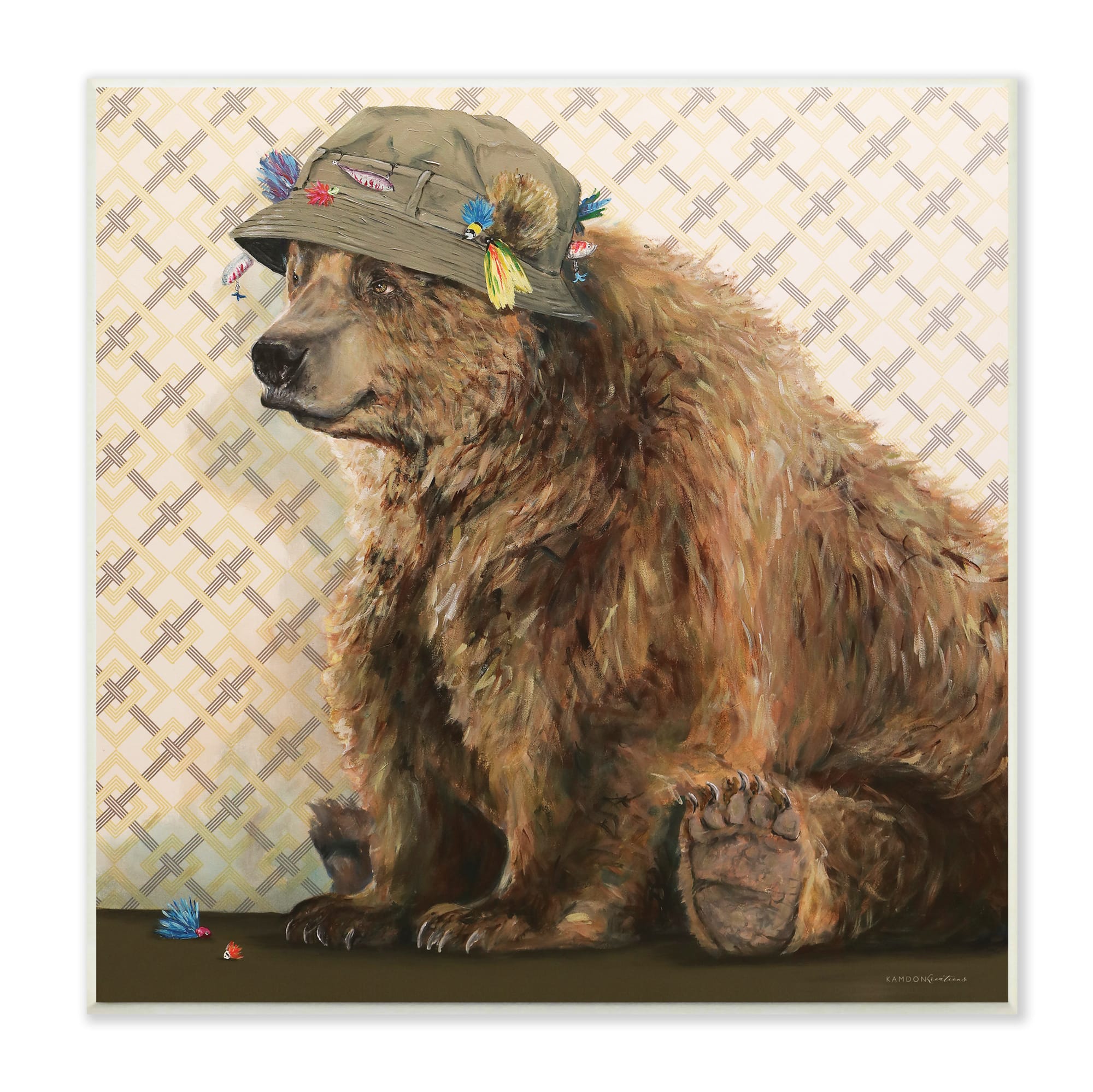 Stupell Industries Rustic Brown Bear Wearing Fisherman's Hat Geometric Pattern,12" x 12"