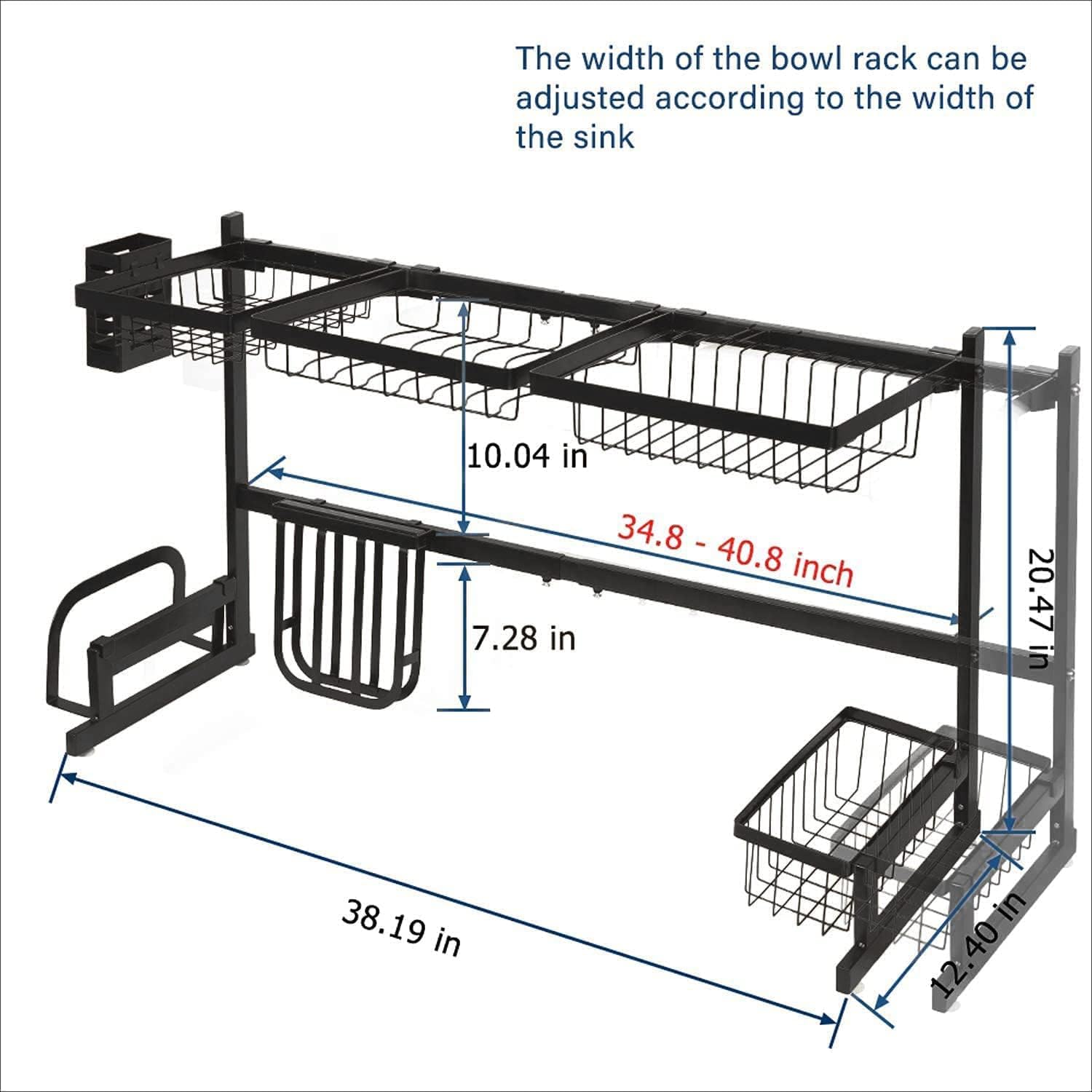 NEX&#x2122; 38&#x22; Black 2-Tier Stainless Steel Over the Sink Dish Rack