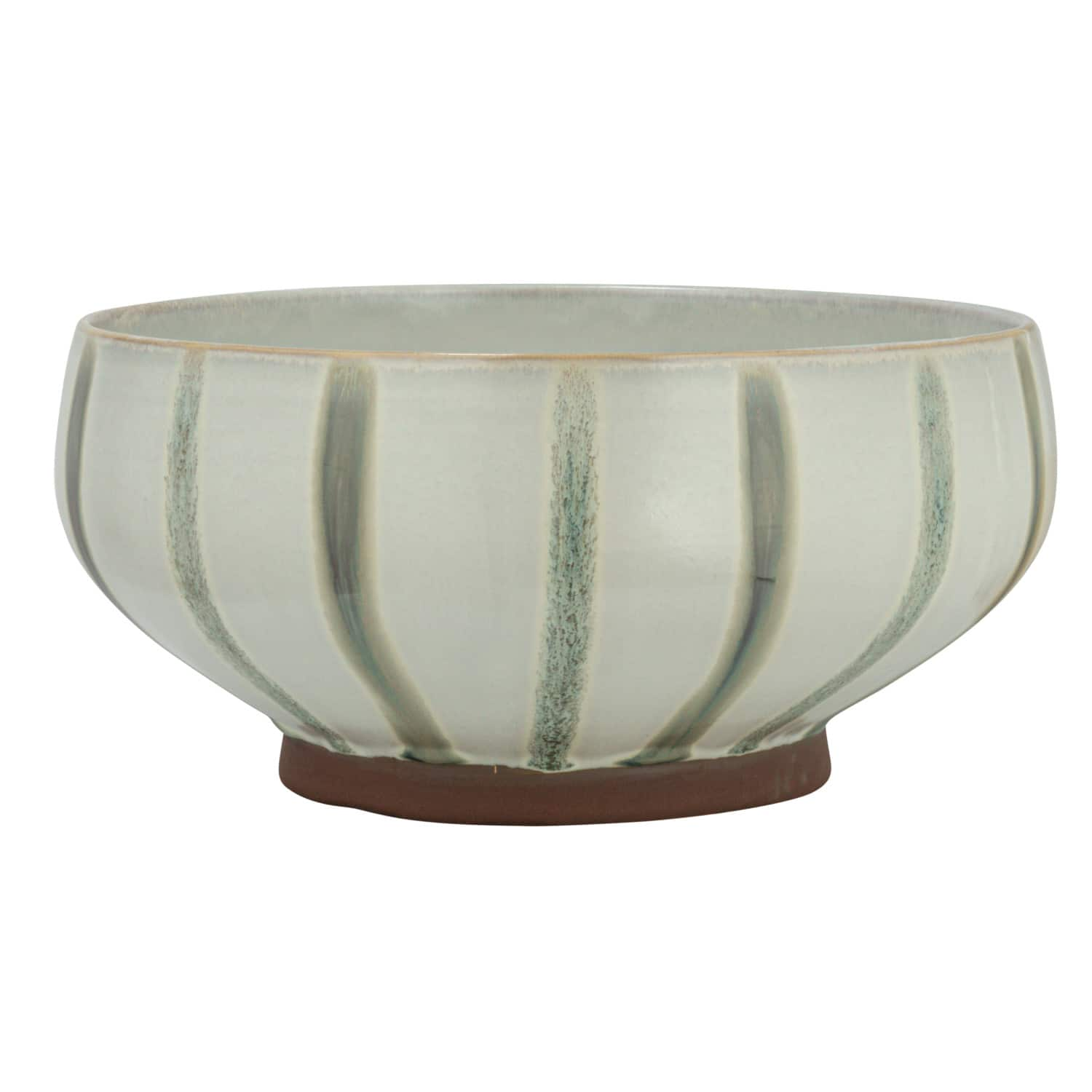 10&#x22; Cream &#x26; Green Reactive Glaze Stripes Hand-Painted Stoneware Bowl